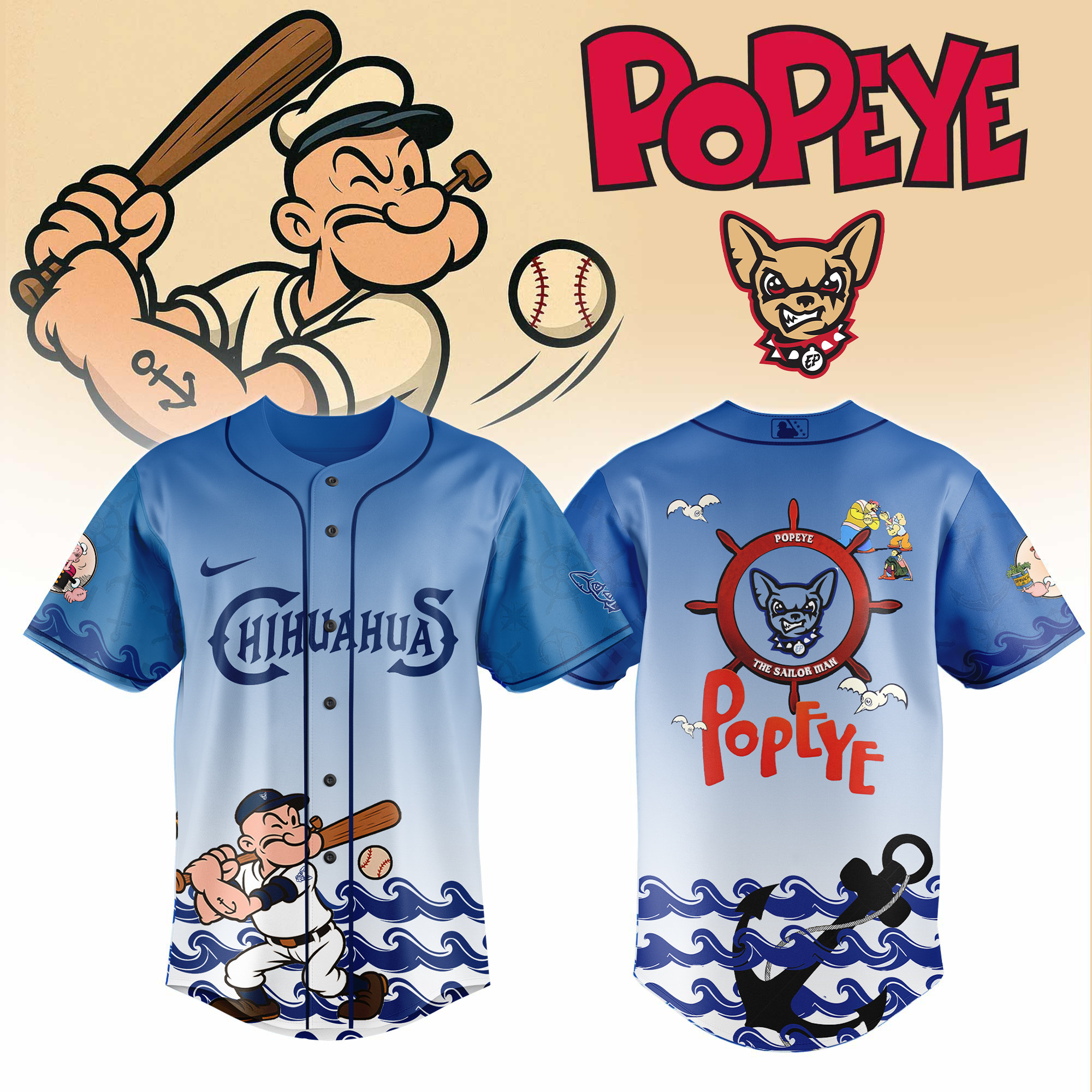 El Paso Chihuahuas Milb X Popeye Night Baseball Jersey For Fans-1