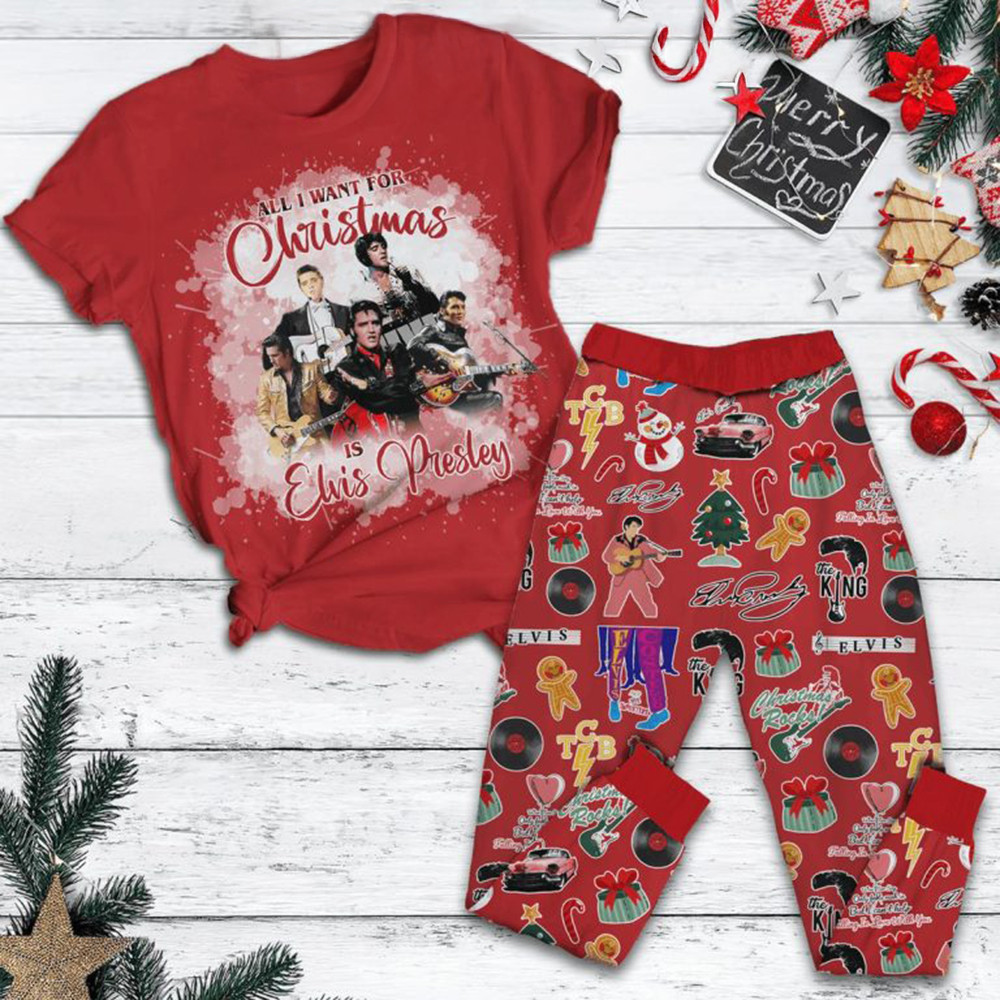 Elvis Presley All I Want Is Presley Christmas Fleece Pajamas Set Music Fans Gifts-1