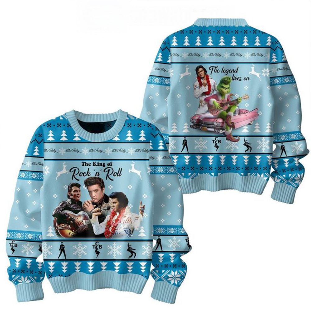 Elvis Presley Rock And Roll With The Grinch Christmas Ugly Sweater Gifts For Fans-1
