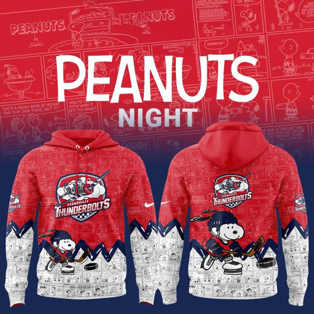 Evansville Thunderbolts 75Th Anniversary Of Peanuts Hoodie Gift Ideas For Hockey Fans-1
