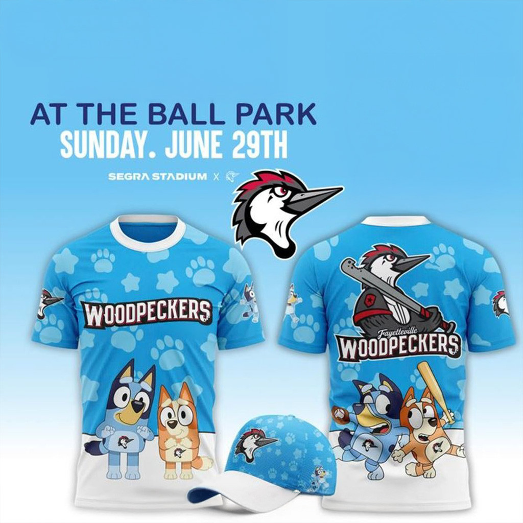 Fayetteville Woodpeckers x Bluey At The Ball Park 2025 Shirt Woodpeckers Merch-1 Fayetteville Woodpeckers x Bluey At The Ball Park 2025 Shirt Woodpeckers Merch-1