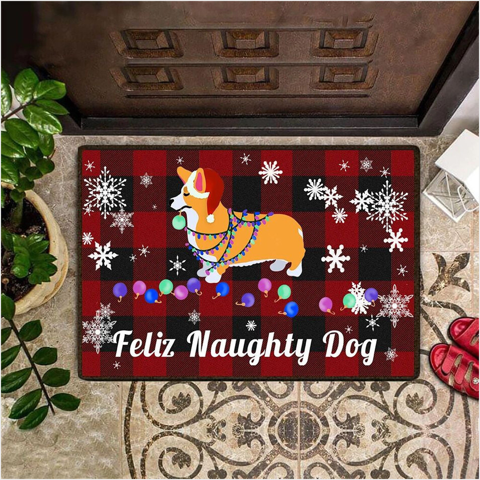 Feliz Naughty Dog Corgi Doormat Buffalo Plaid Doormat Xmas Decor Indoor Gift For Corgi Lover-1