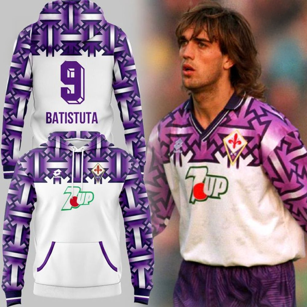 Fiorentina 1992 93 Away Kit 9 Batistuta Hoodie ACF Fiorentina Merch Perfect Father's Day Gifts-1