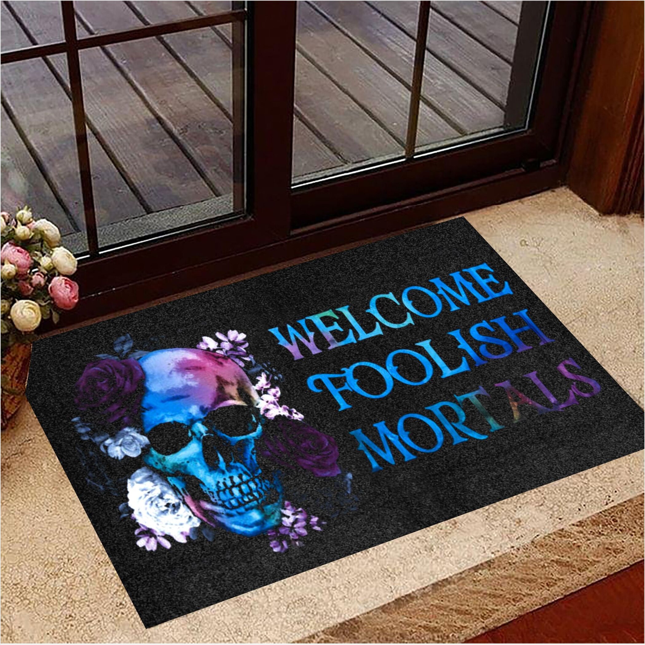 Floral Skull Welcome Foolish Mortals Doormat Vintage Halloween Doormat Halloween Merch-1
