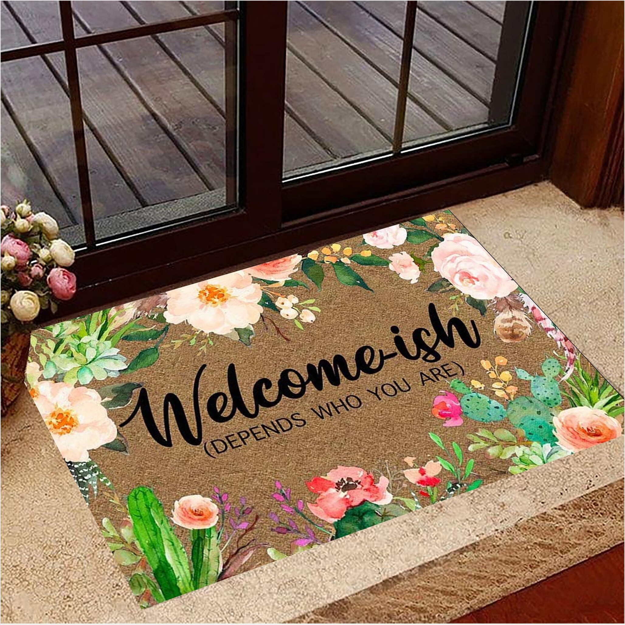 Floral Welcome-ish Depends On Who You Are Doormat Floral Welcome Mat New Home Presents-1