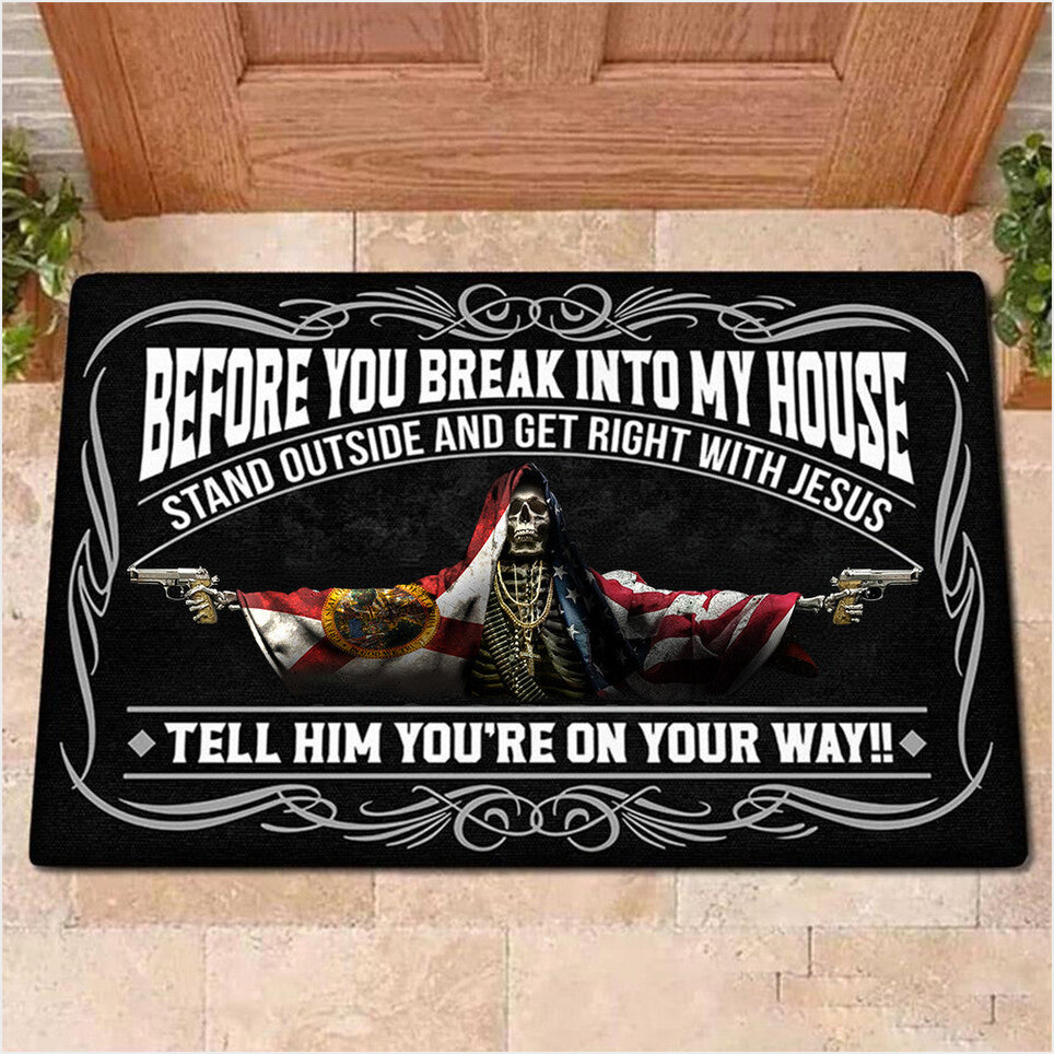 Florida Flag And American Flag Skull With Gun Doormat Before You Break Into My House Doormat-1