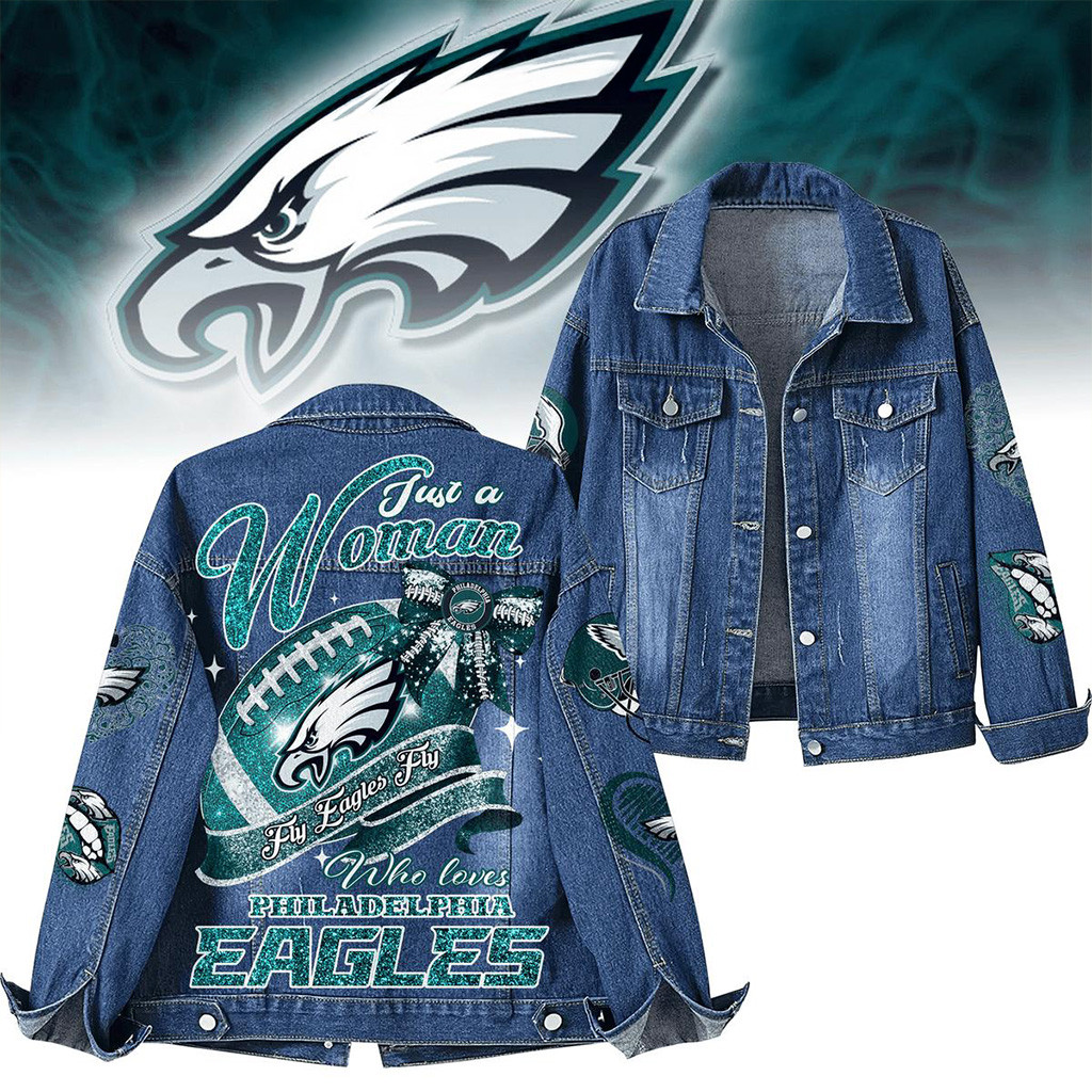 Fly Eagles Fly Just A Woman Who Loves Philadelphia Eagles Denim Jacket Philadelphia Eagles Merch-1