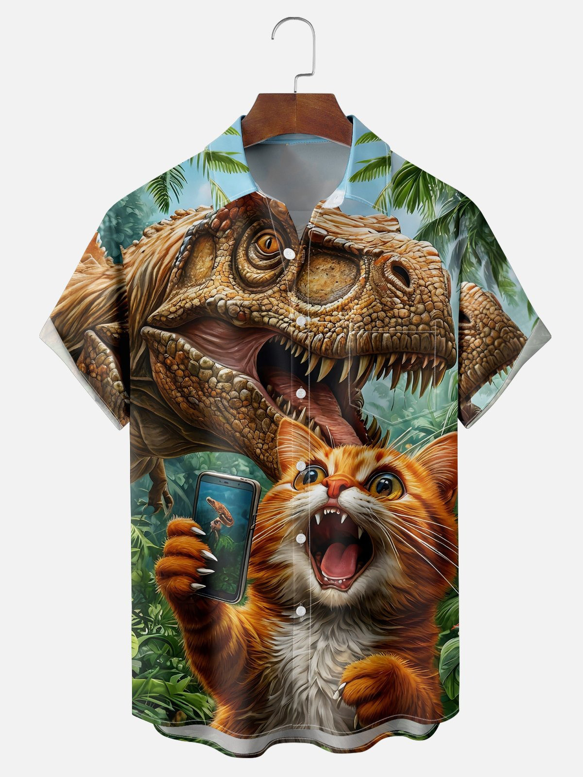 Funny Cat Dinosaur Chest Pocket Hawaiian Shirt-1