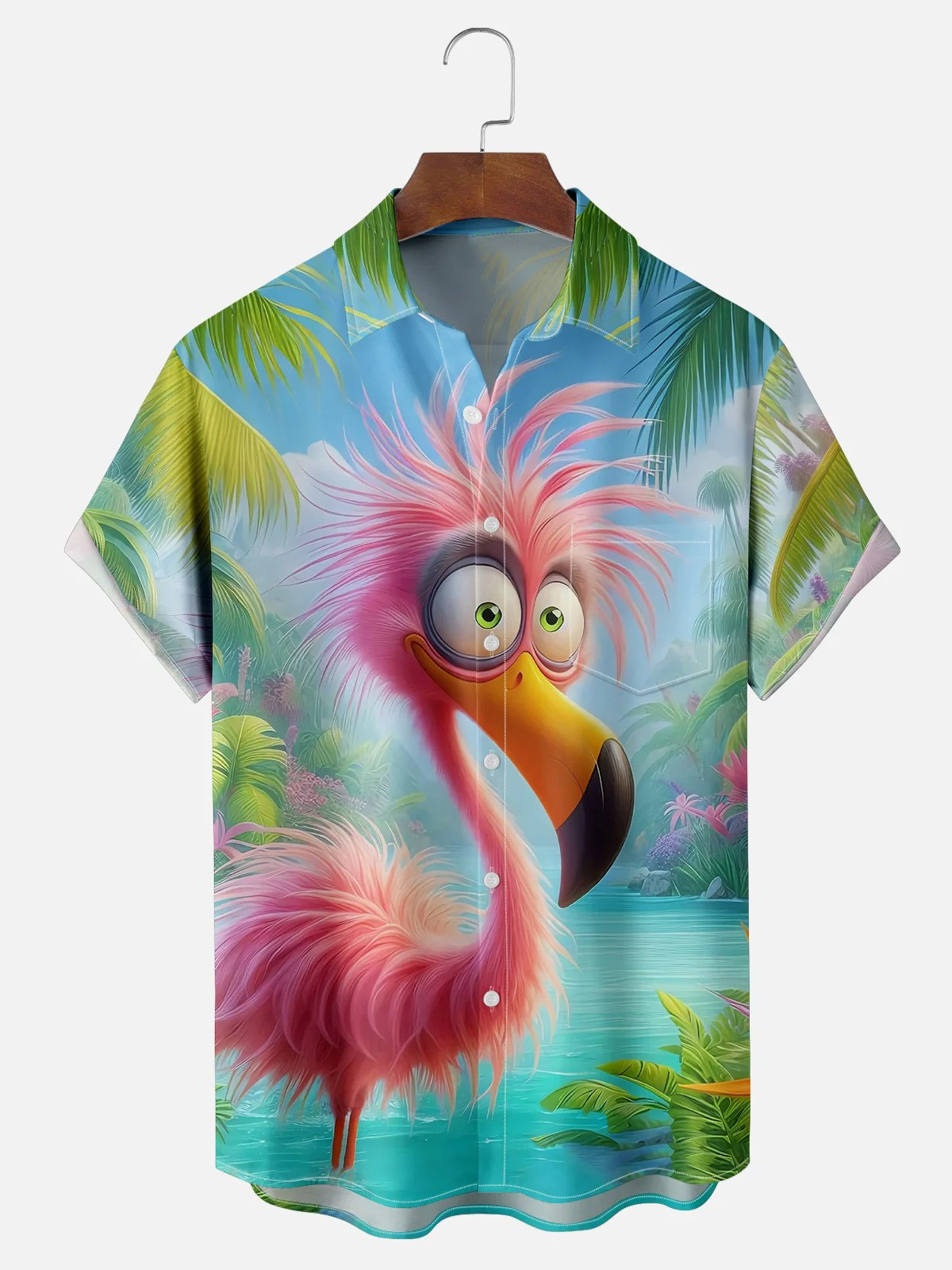 Funny Flamingo Art Painting Chest Pocket Hawaiian Shirt-1