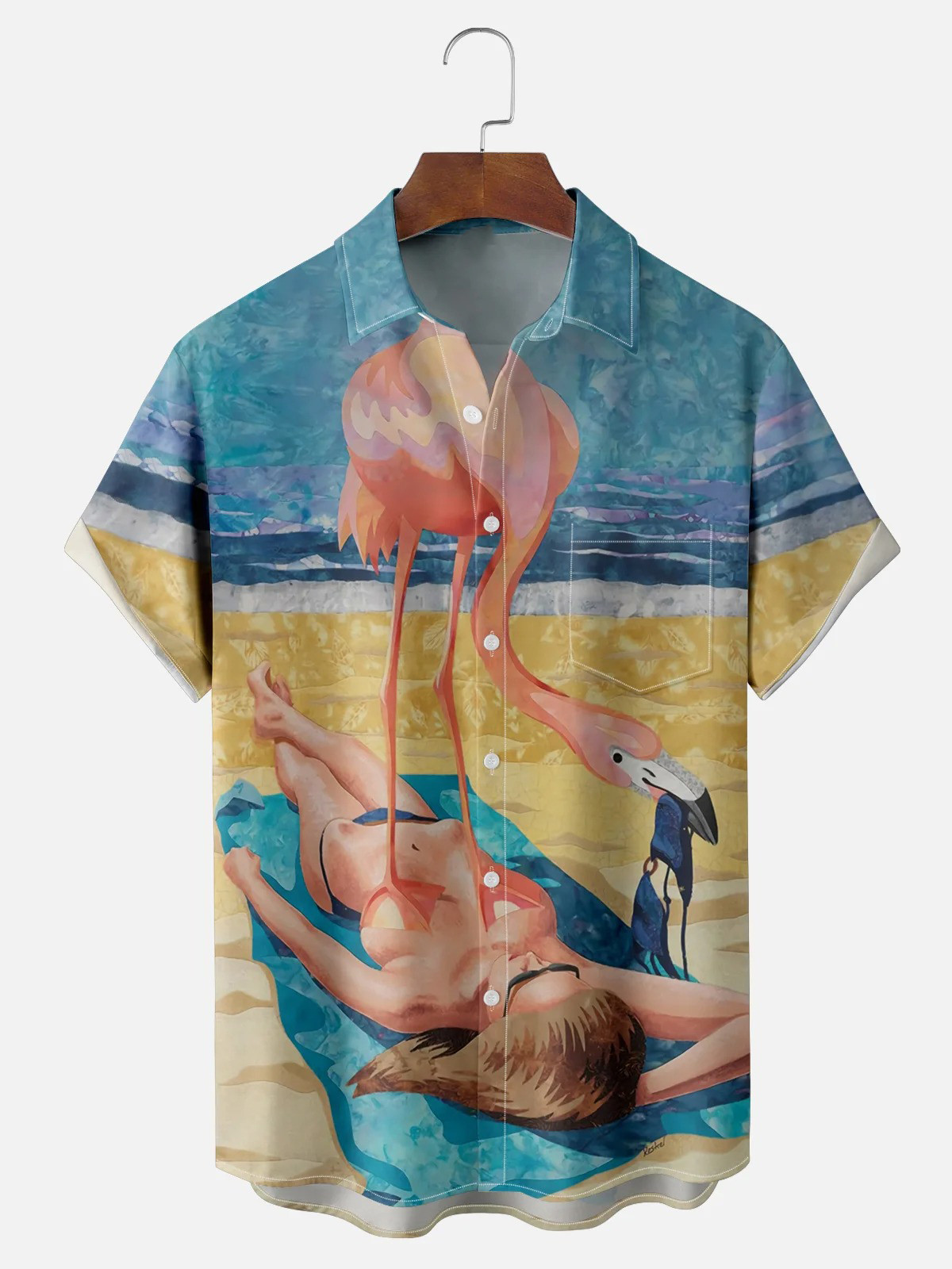 Funny Flamingo Funny Beach Art Chest Pocket Hawaiian Shirt-1