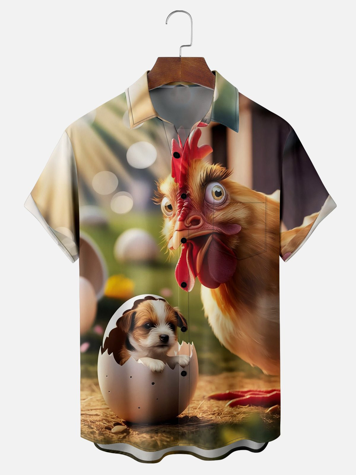 Funny Rooster Surprise Art Chest Pocket Hawaiian Shirt-1