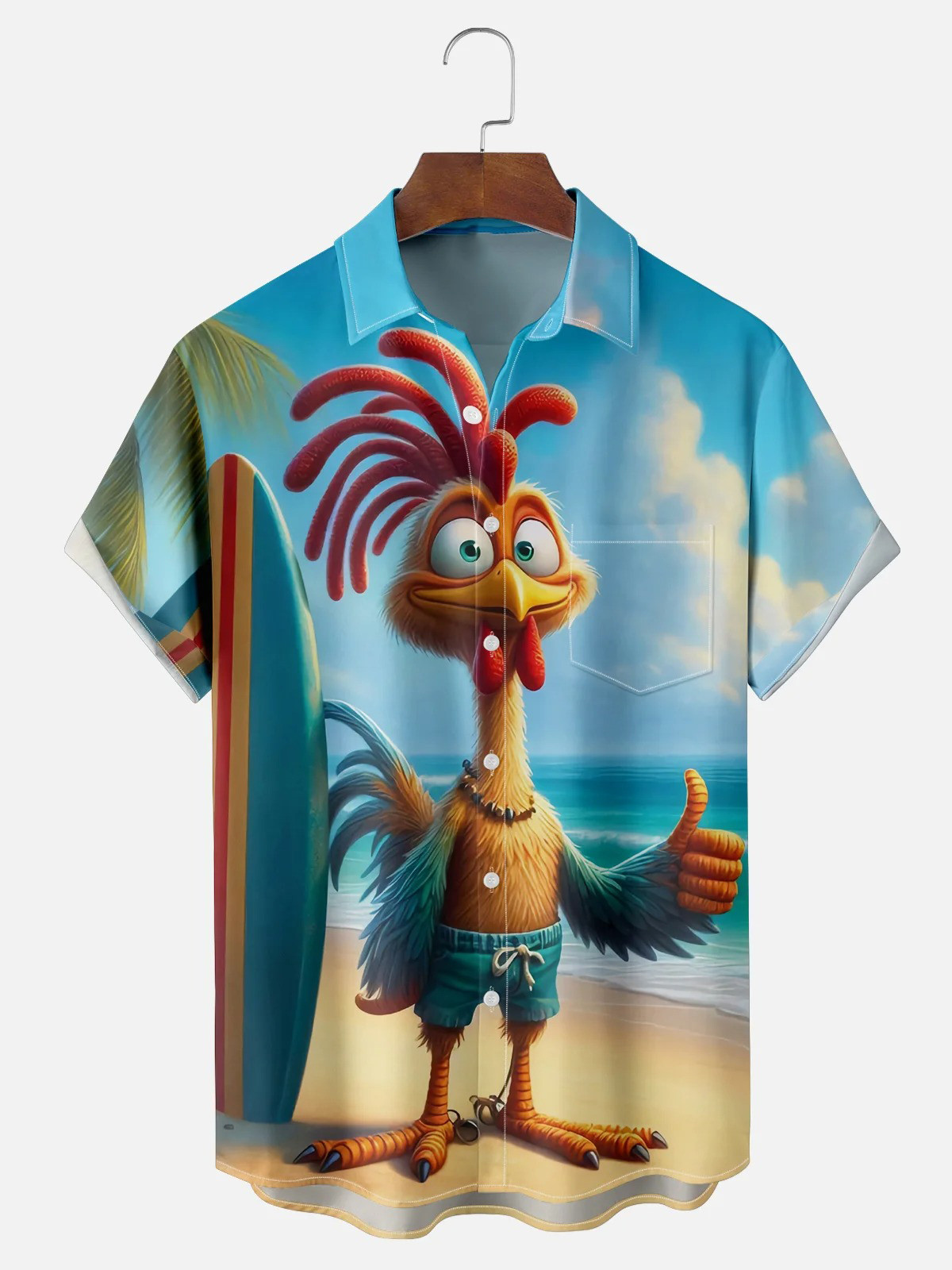 Funny Surfer Chicken Chest Pocket Hawaiian Shirt-1