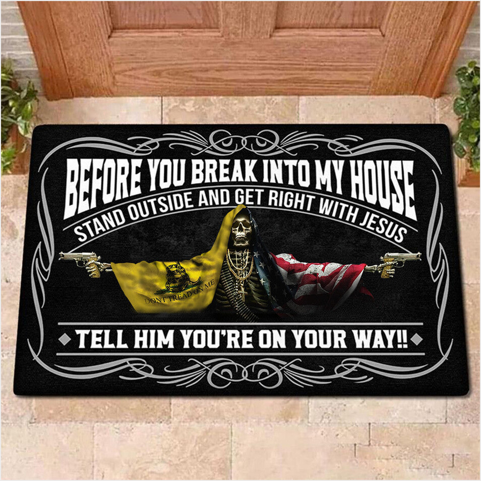 Gadsden Flag And American Flag Skull With Gun Doormat Before You Break Into My House Doormat-1