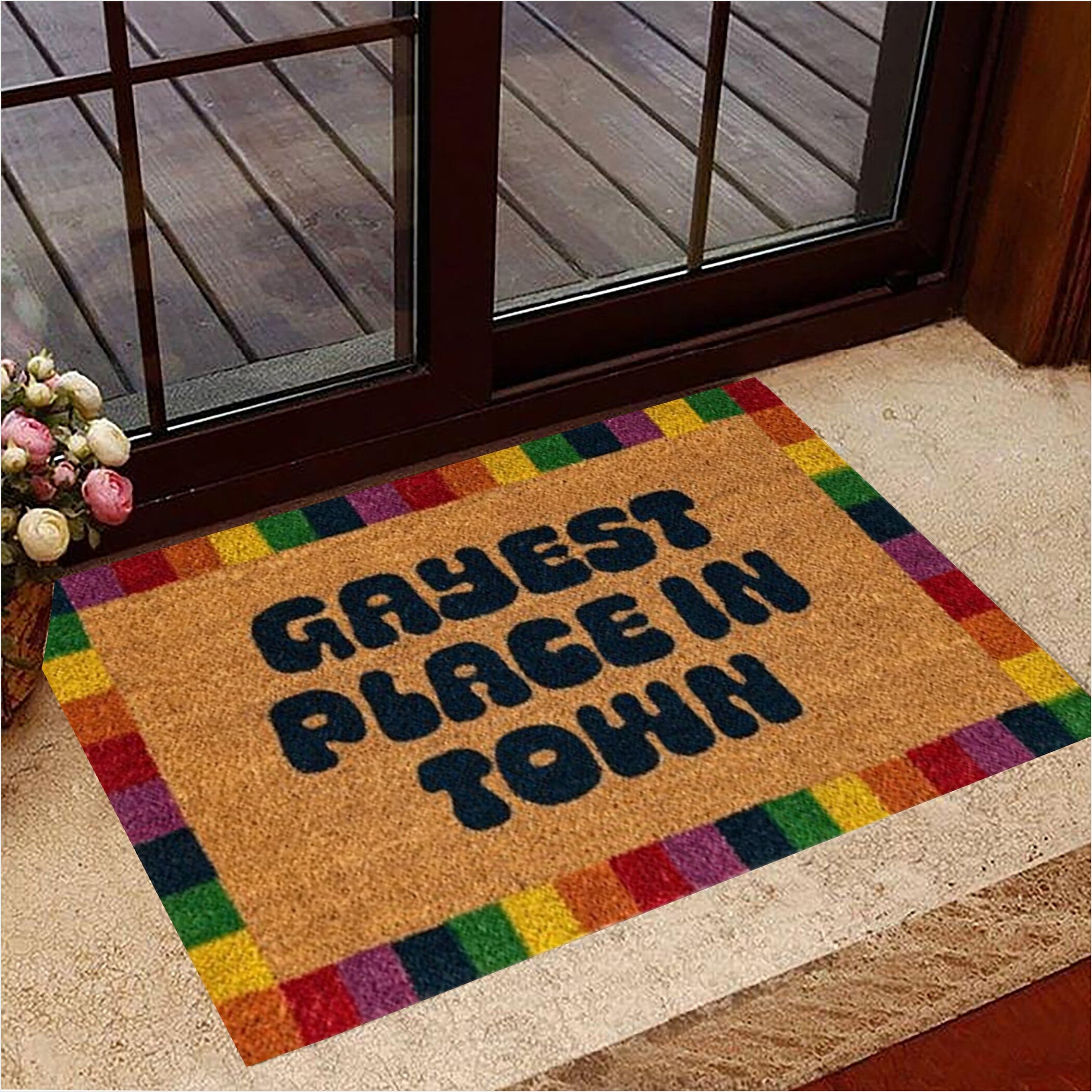 Gayest Place In Town Doormat Funny LGBT Pride Gay Merch Doormat For Front Door Gifts For BFF-1