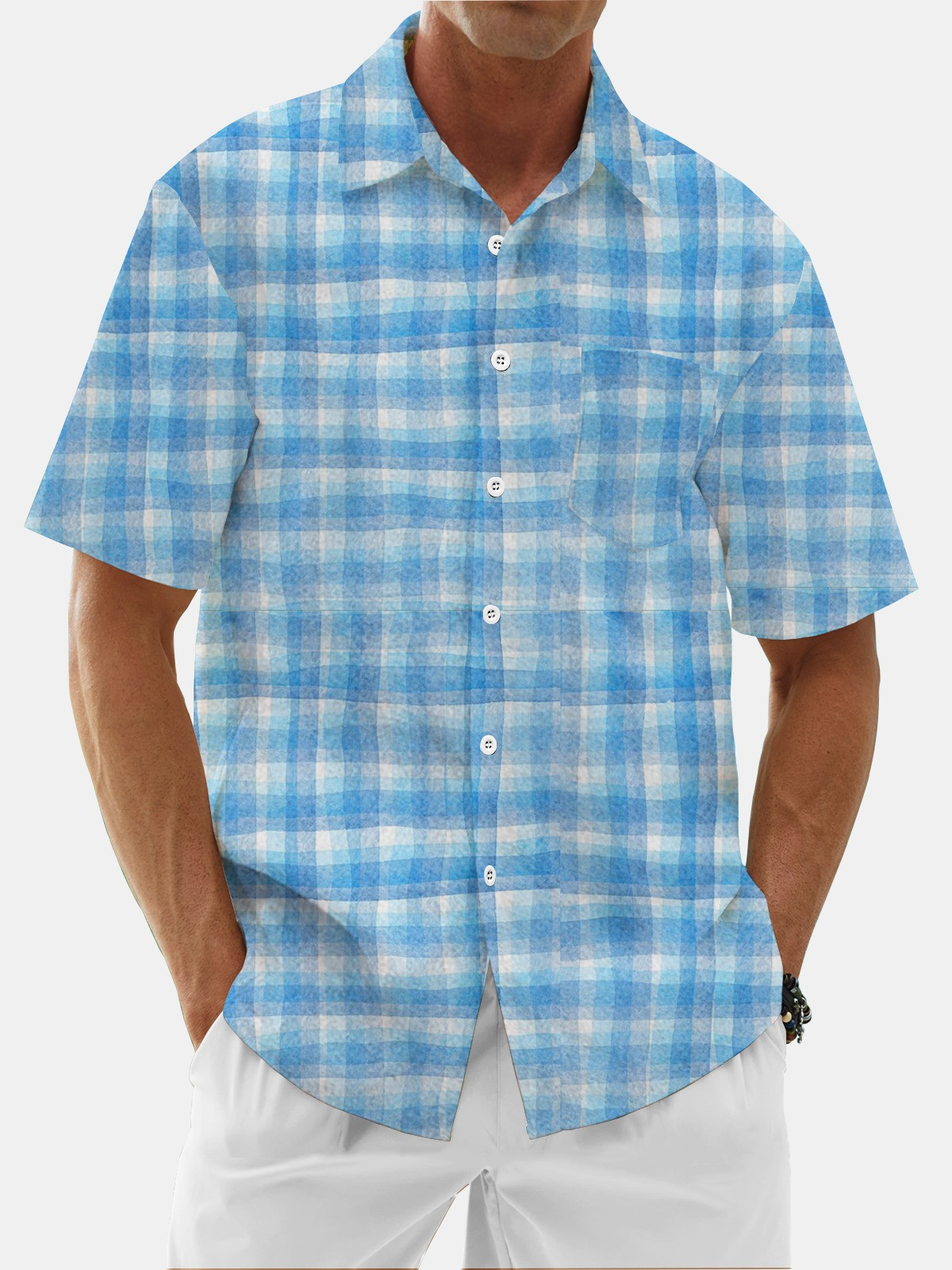 Geometric Check Chest Pocket Hawaiian Shirt-1