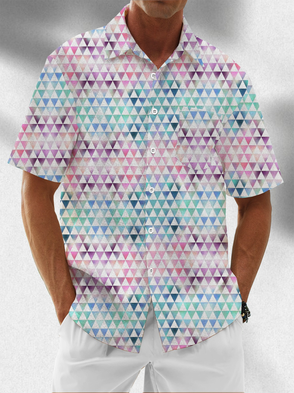 Geometric Gradient Color Block Chest Pocket Hawaiian Shirt-1