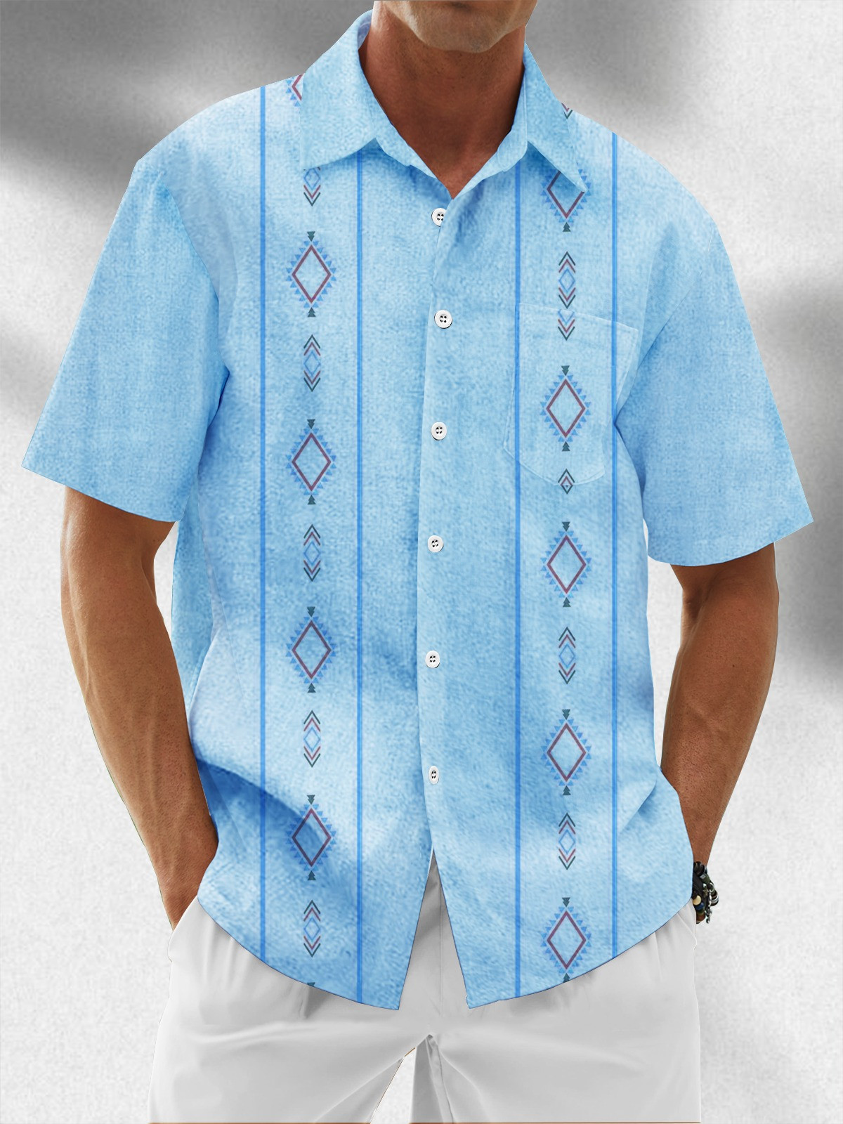 Geometric Stripes Chest Pocket Guayabera Shirt-1