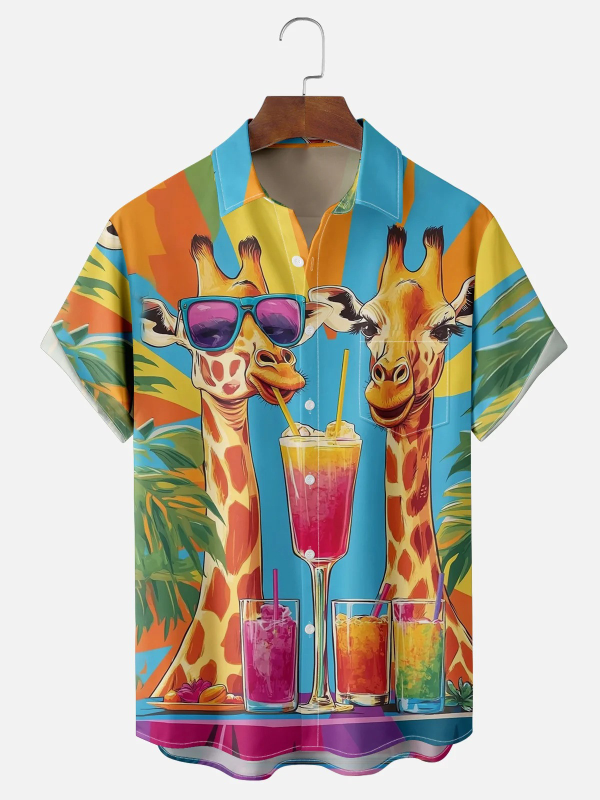 Giraffe Drinking Cocktail Art Chest Pocket Hawaiian Shirt-1