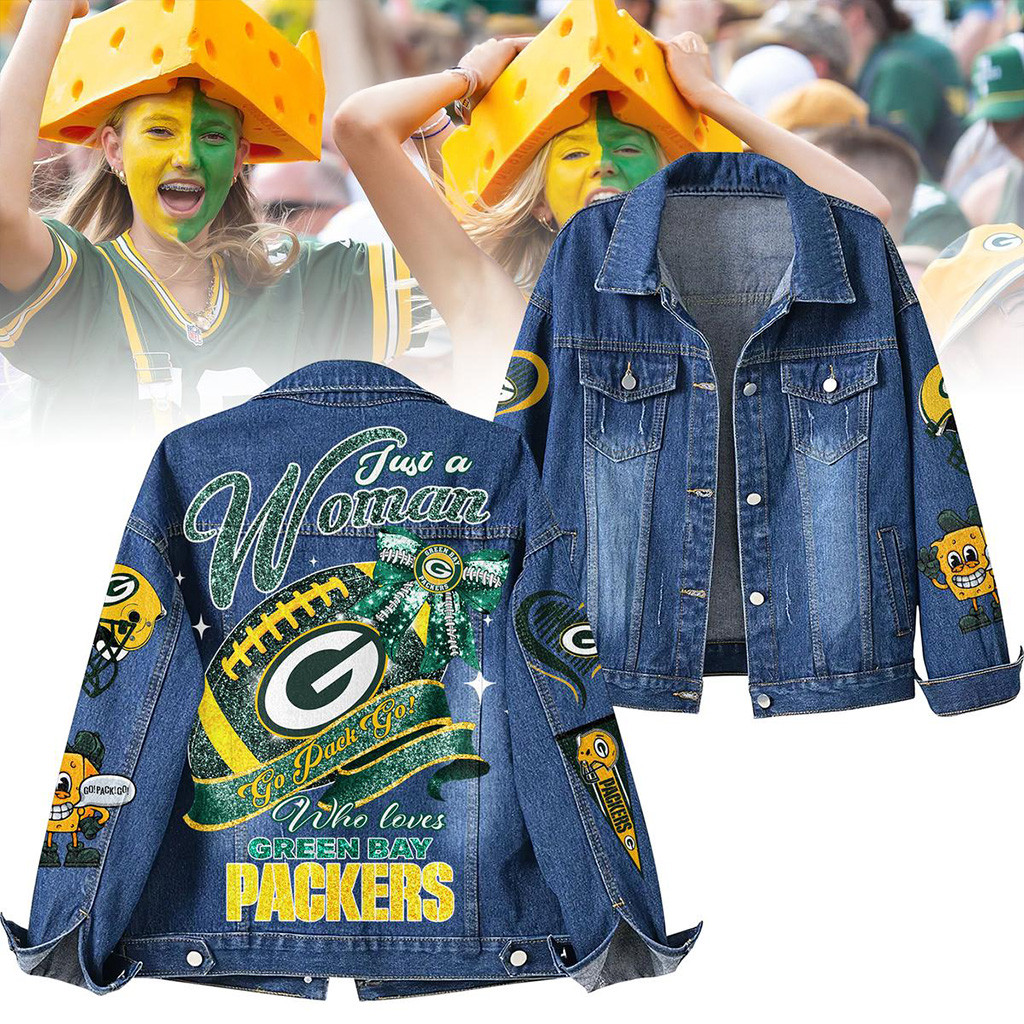 Go Pack Go Just A Woman Who Loves Green Bay Packers Denim Jacket Green Bay Packers Merch-1