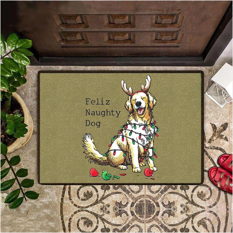 Golden Retriever Feliz Naughty Dog Doormat Cute Reindeer Dog Welcome Door Mat Holiday Gift-1 Golden Retriever Feliz Naughty Dog Doormat Cute Reindeer Dog Welcome Door Mat Holiday Gift-1