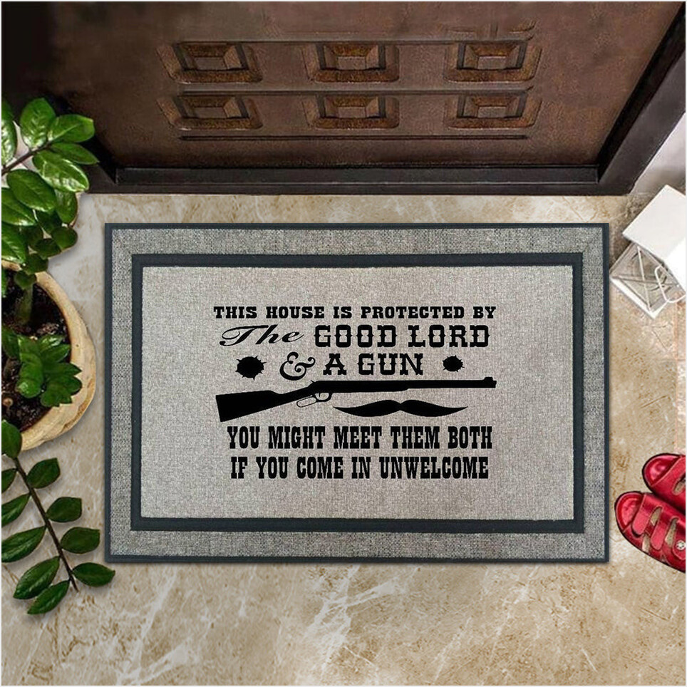 Good Lord Doormat This House Is Protected By The Good Lord And A Gun Doormat Funny Mat-1