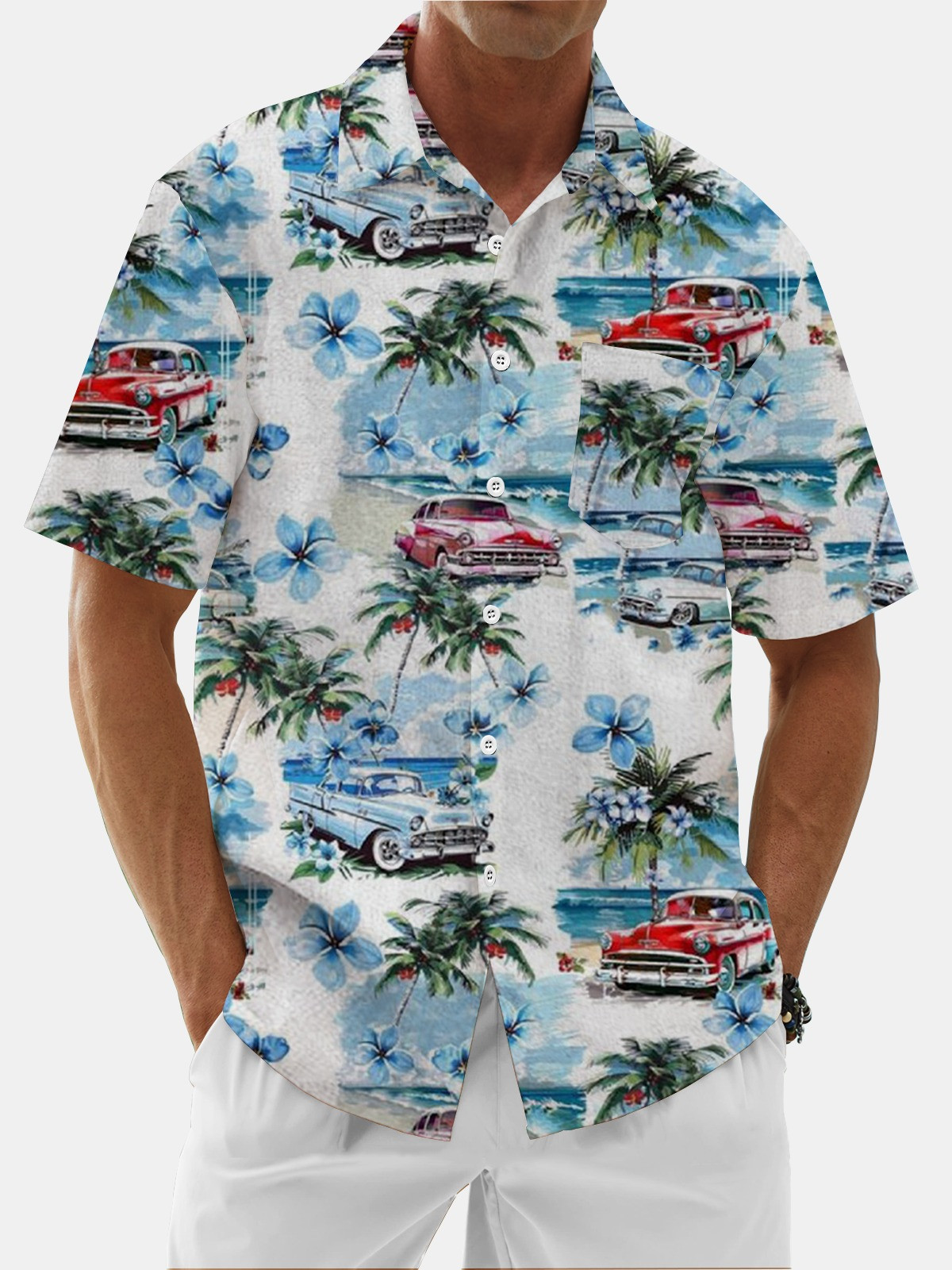 Gradient Coconut Tree Vintage Car Chest Pocket Hawaiian Shirt-1