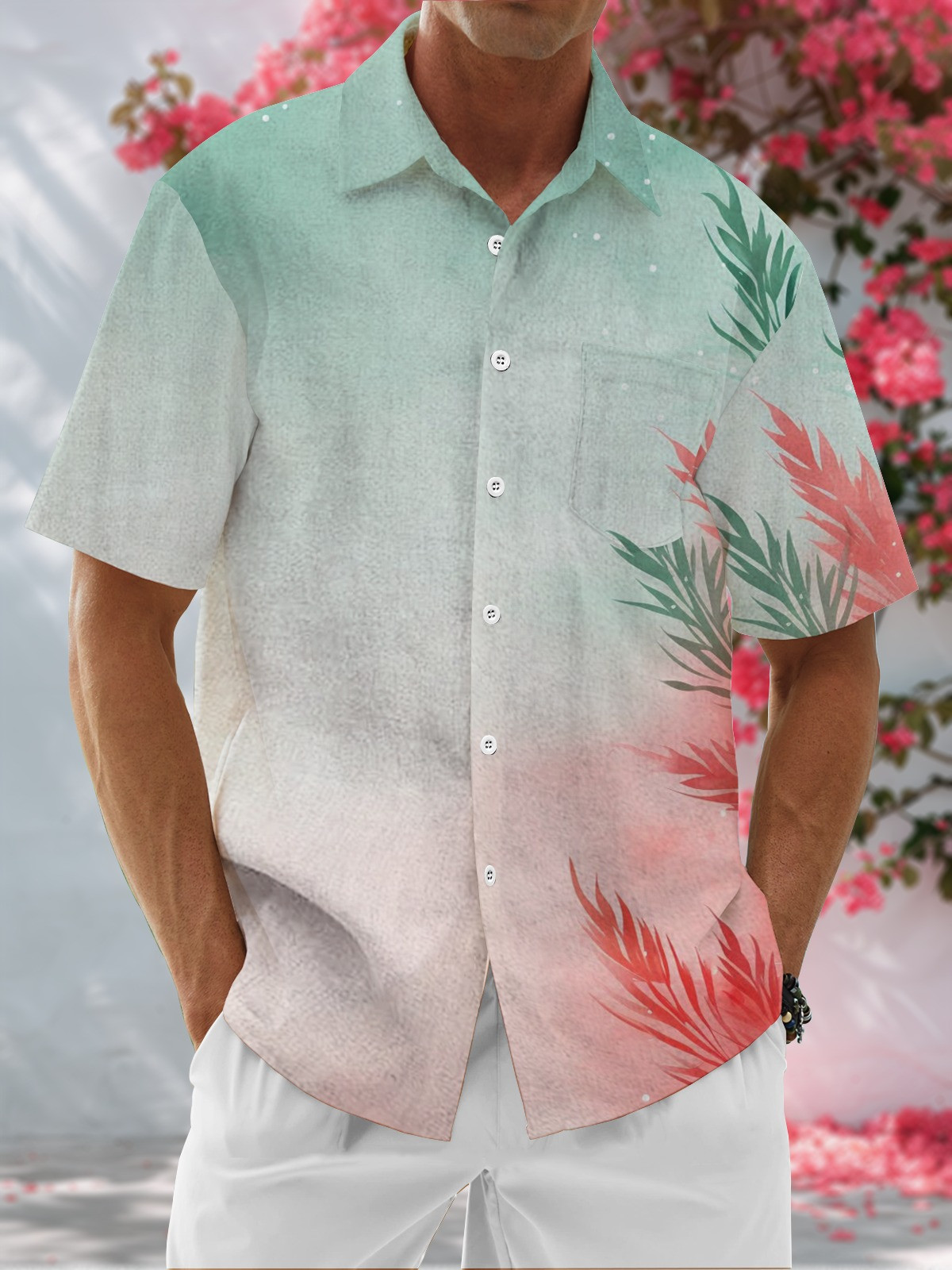Gradient Florals Chest Pocket Hawaiian Shirt-1