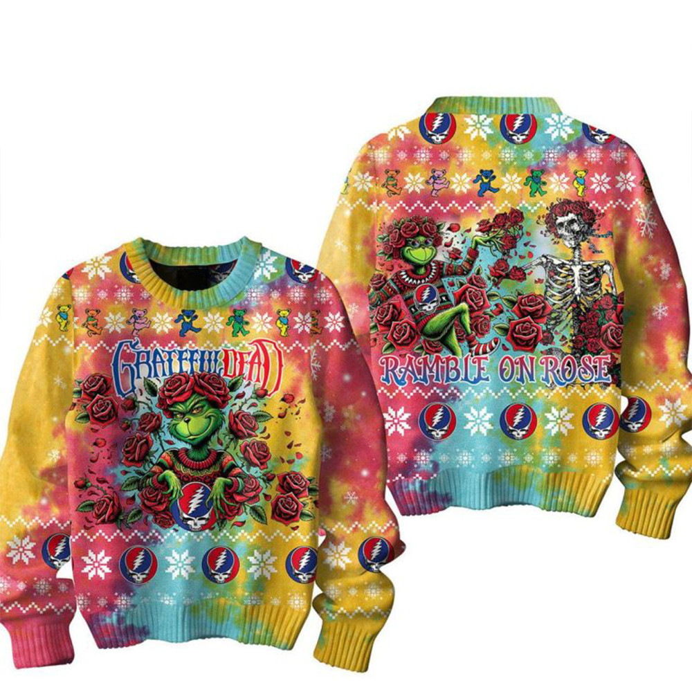 Grateful Dead Ramble On Rose The Grinch Christmas Ugly Sweater Rock Band Fans Gifts-1