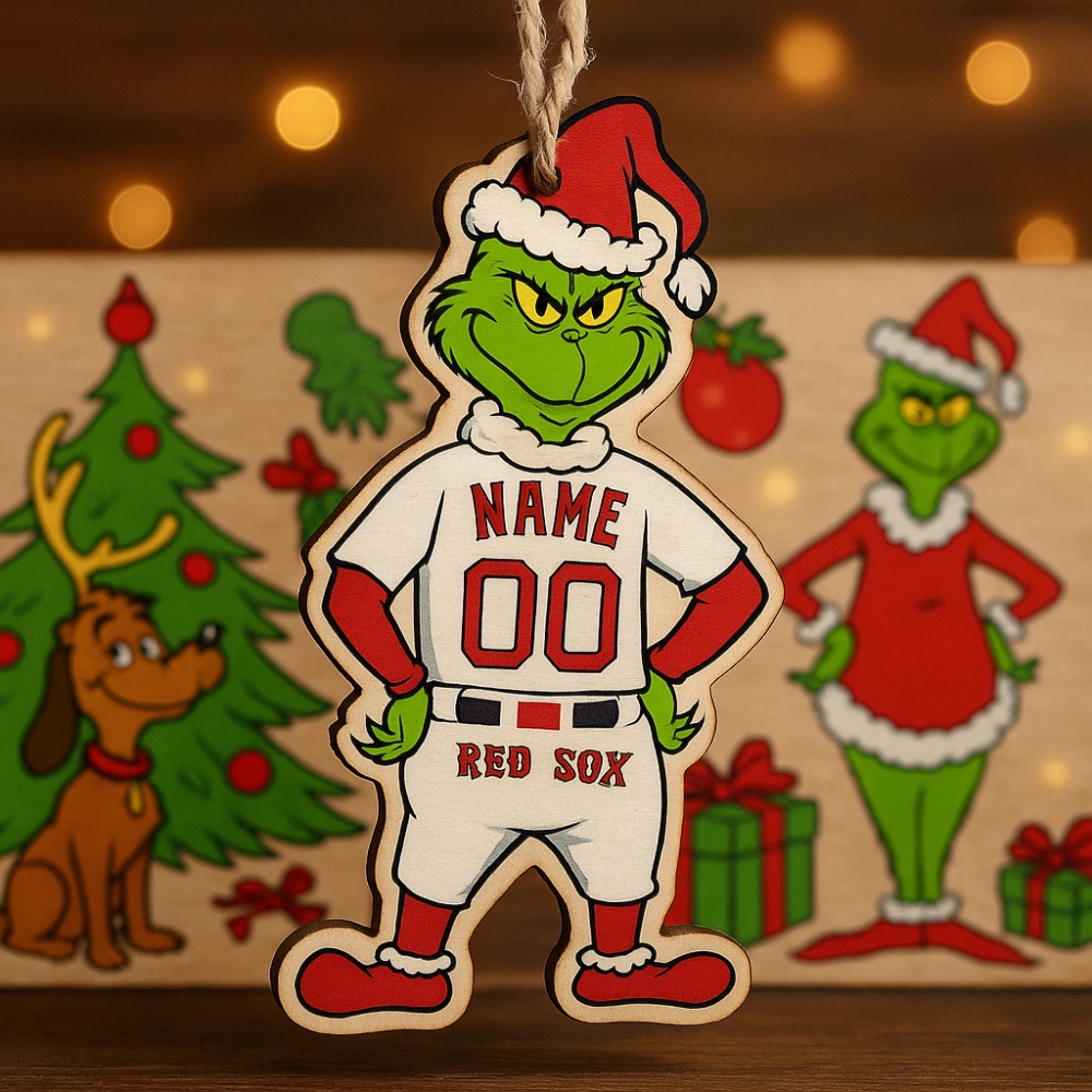 Grinch Red Sox Christmas Ornament Custom Wooden Holiday Decor-1