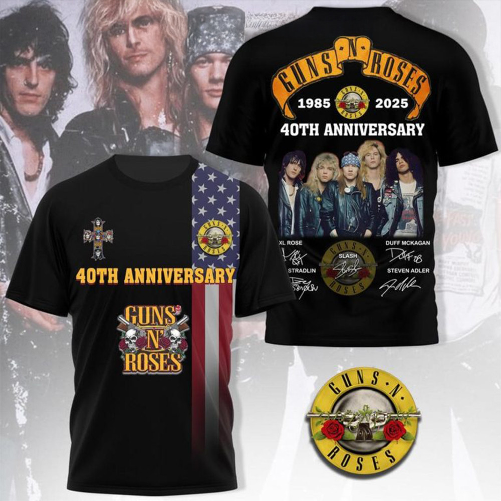 Gun N Roses 1985 2025 40th Anniversary Show Tour T-Shirt Gifts For Rock Band Fans-1