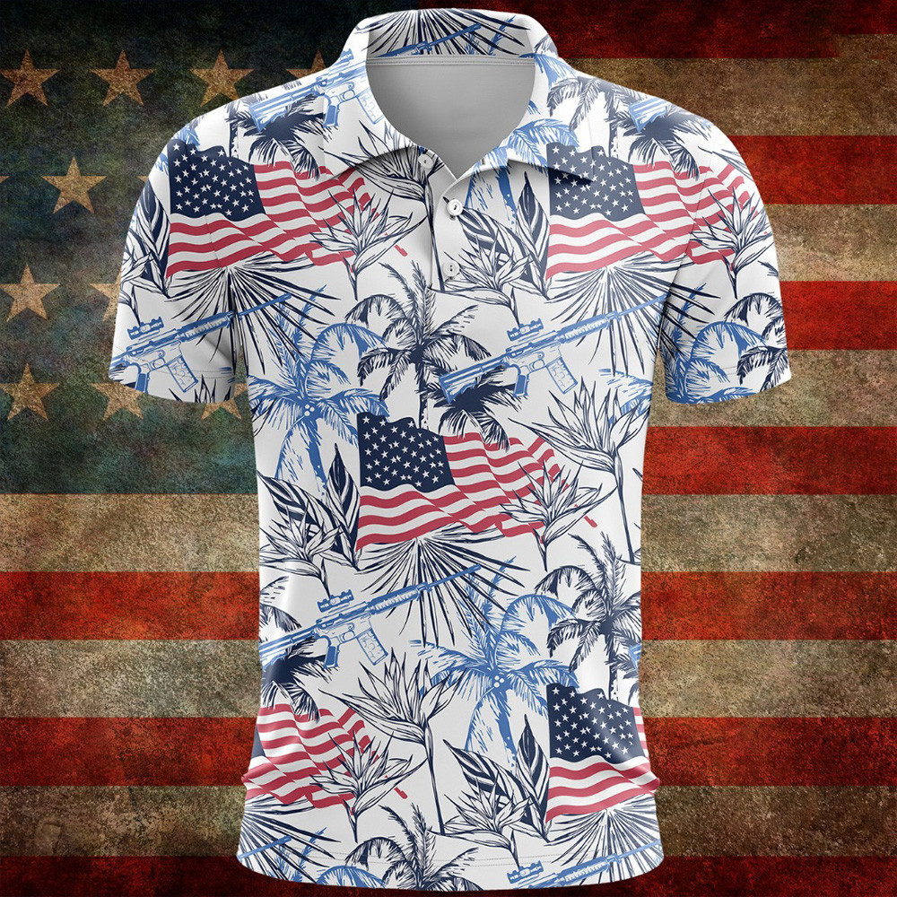 Guns USA Flag Golf Polo Shirt Men's Patriotic Apparel Gifts For Gun Lovers-1