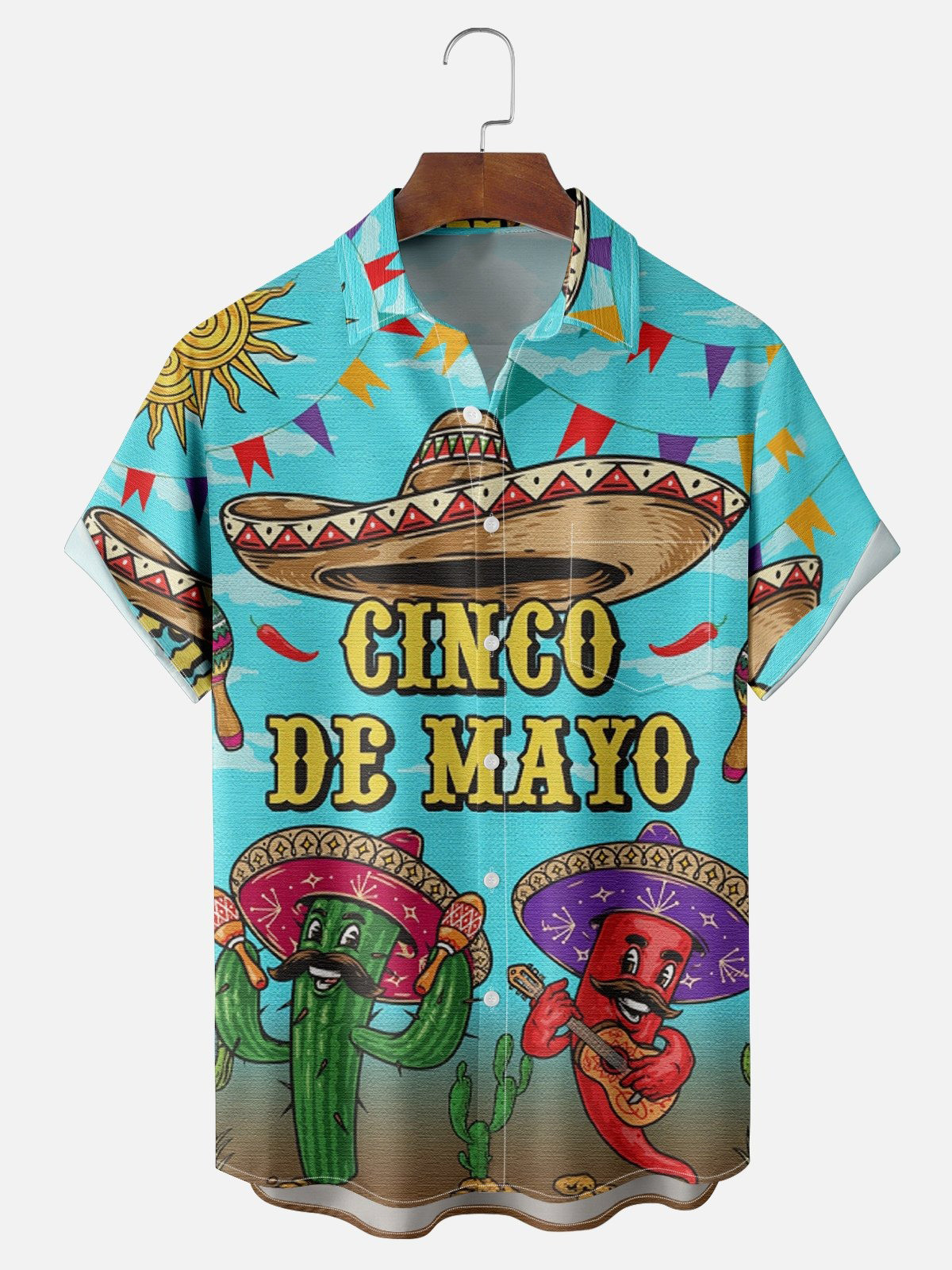 Happy Cinco de Mayo Cactus Art Red Chest Pocket Casual Shirt-1
