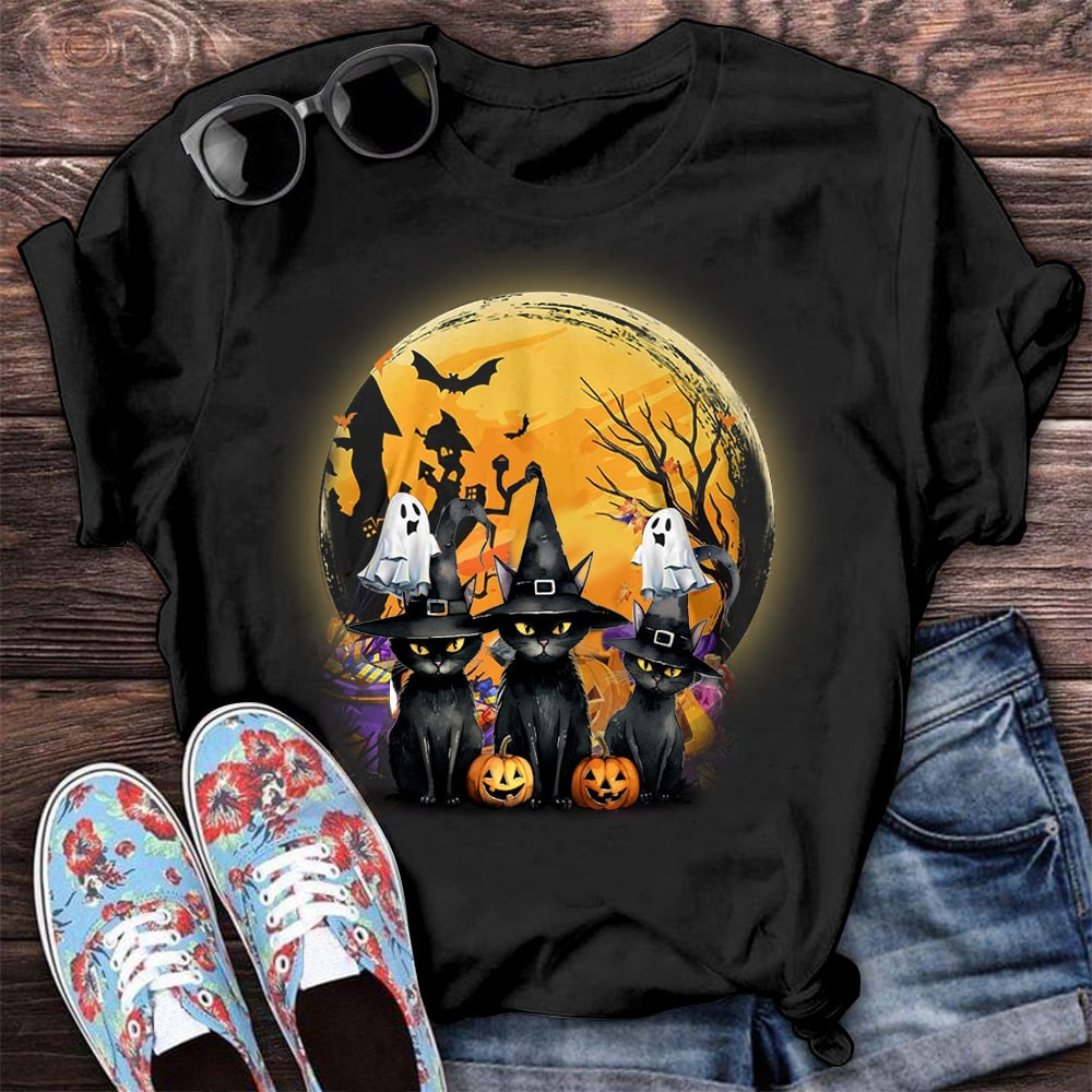 Happy Halloween Black Cats T-Shirt Halloween Graphic Tees Gifts For Cat Lovers-1
