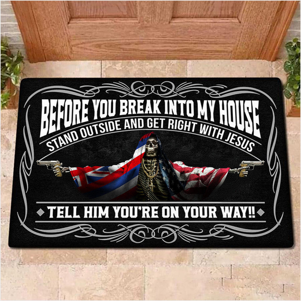 Hawaii Flag And American Flag Skull With Gun Doormat Before You Break Into My House Doormat-1