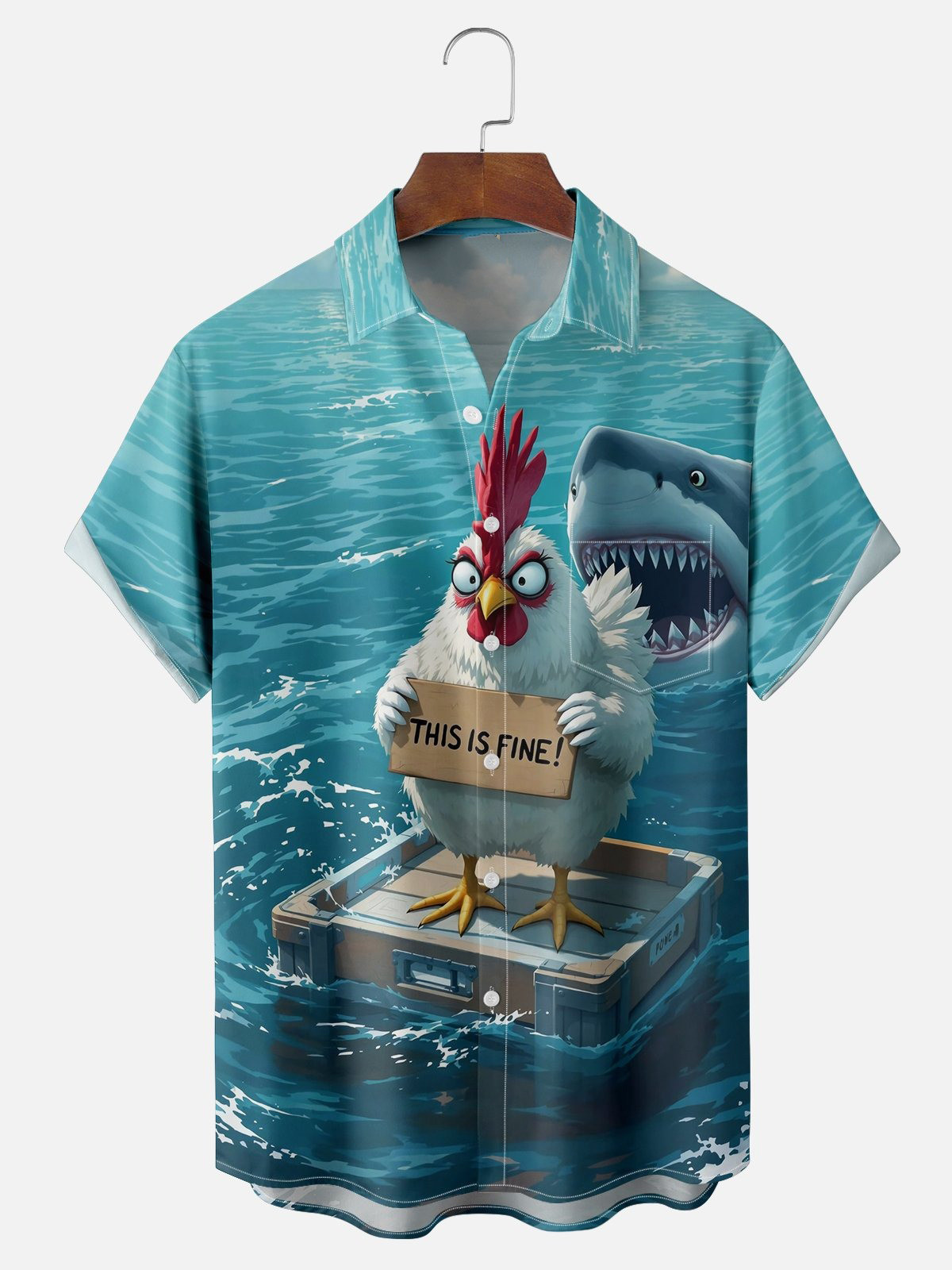 Hawaiian Shark Chicken Chest Pocket Hawaiian Shirt-1