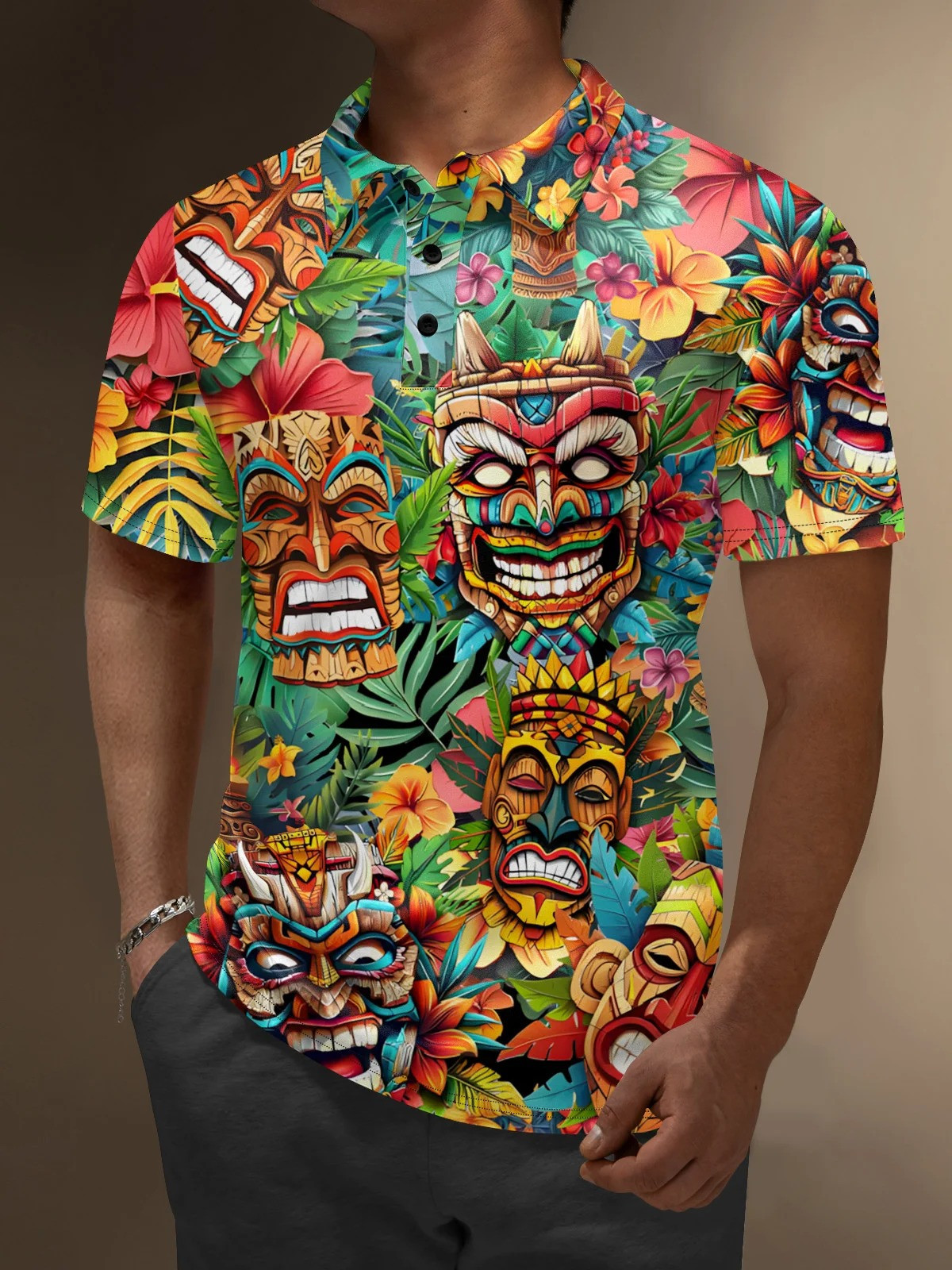 Hawaiian Tiki Flowers Golf Polo-1