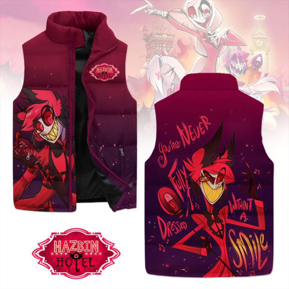 Hazbin Hotel You're Never Fully Dressed Without A Smile Sleeveless Puffer Jacket Fans Gifts-1