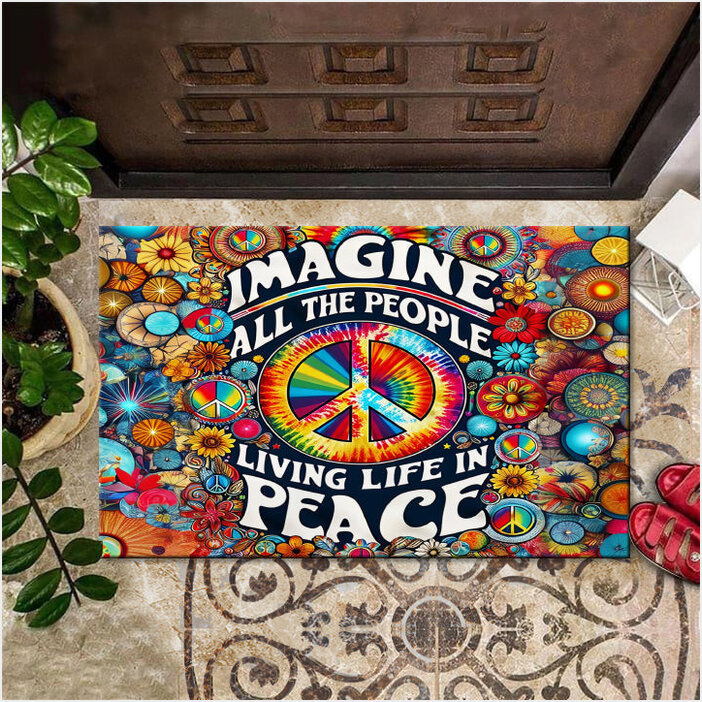 Hippie Imagine All The People Living Life In Peace Doormat Peace Lover Hippie Welcome Mat-1
