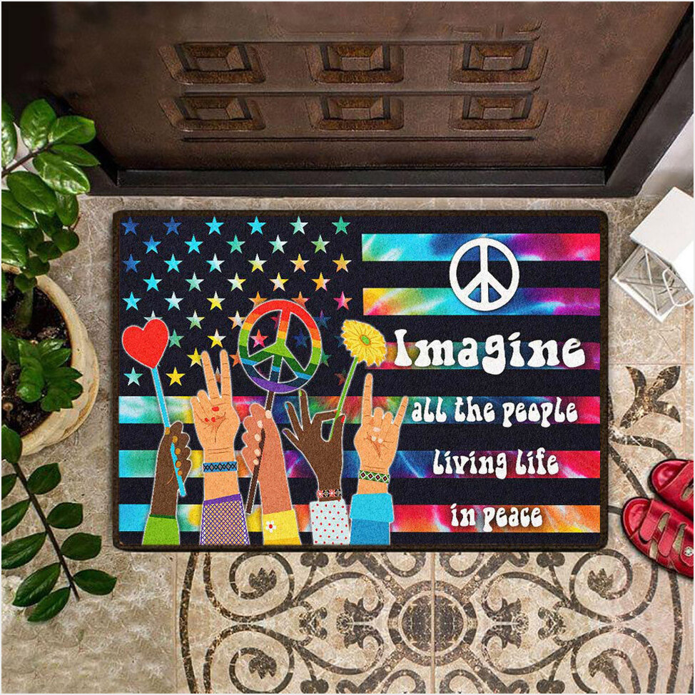 Hippie Imagine All The People Living Life In Peace Doormat Welcome Mat Gifts For Friends-1