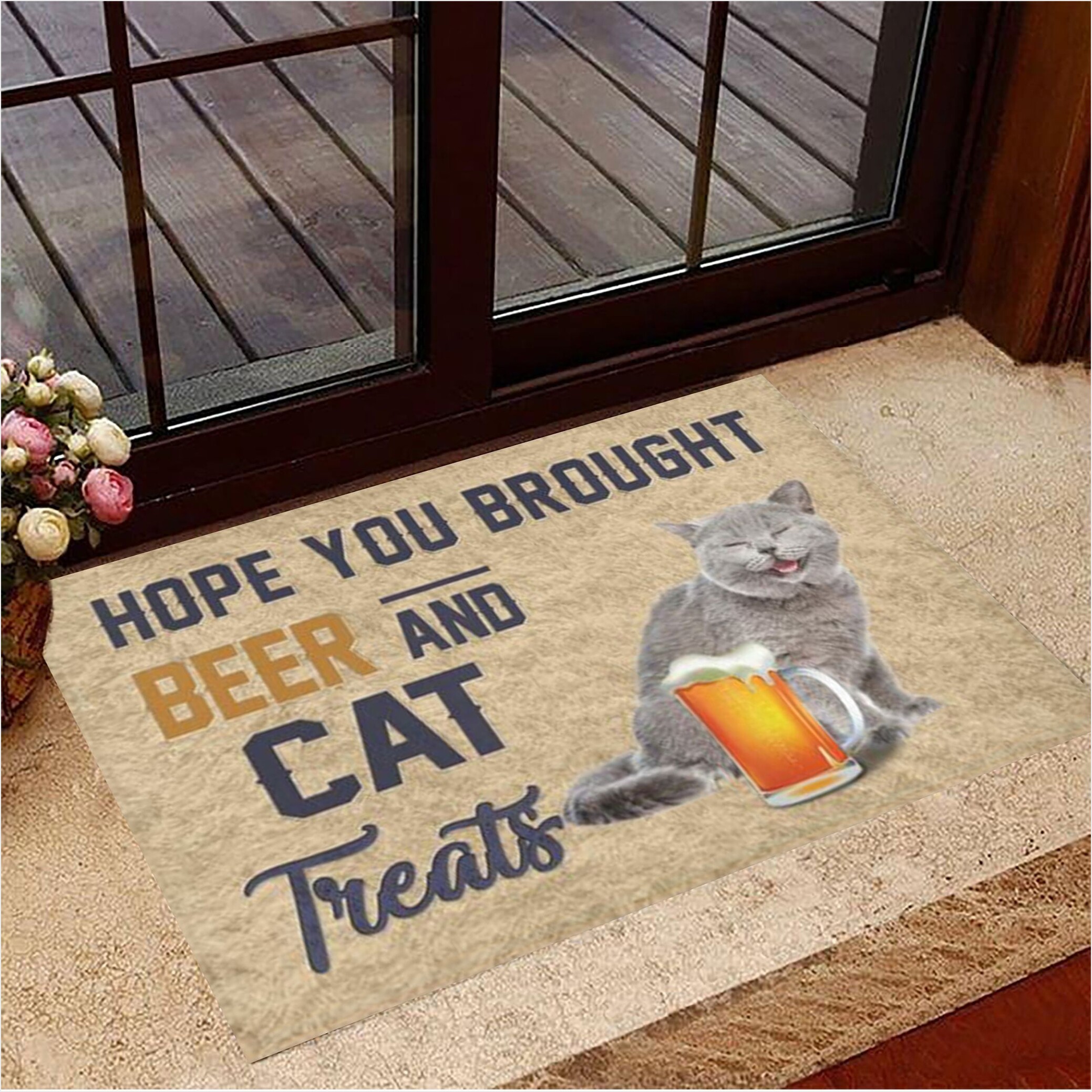Hope You Brought Beer And Cat Treats Doormat Cat Welcome Mat Gifts For Beer Lovers-1