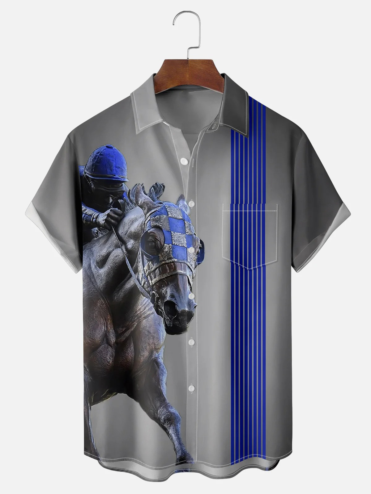 Horse Racing Festival Equestrian Art Chest Pocket Bowling Shirt-1