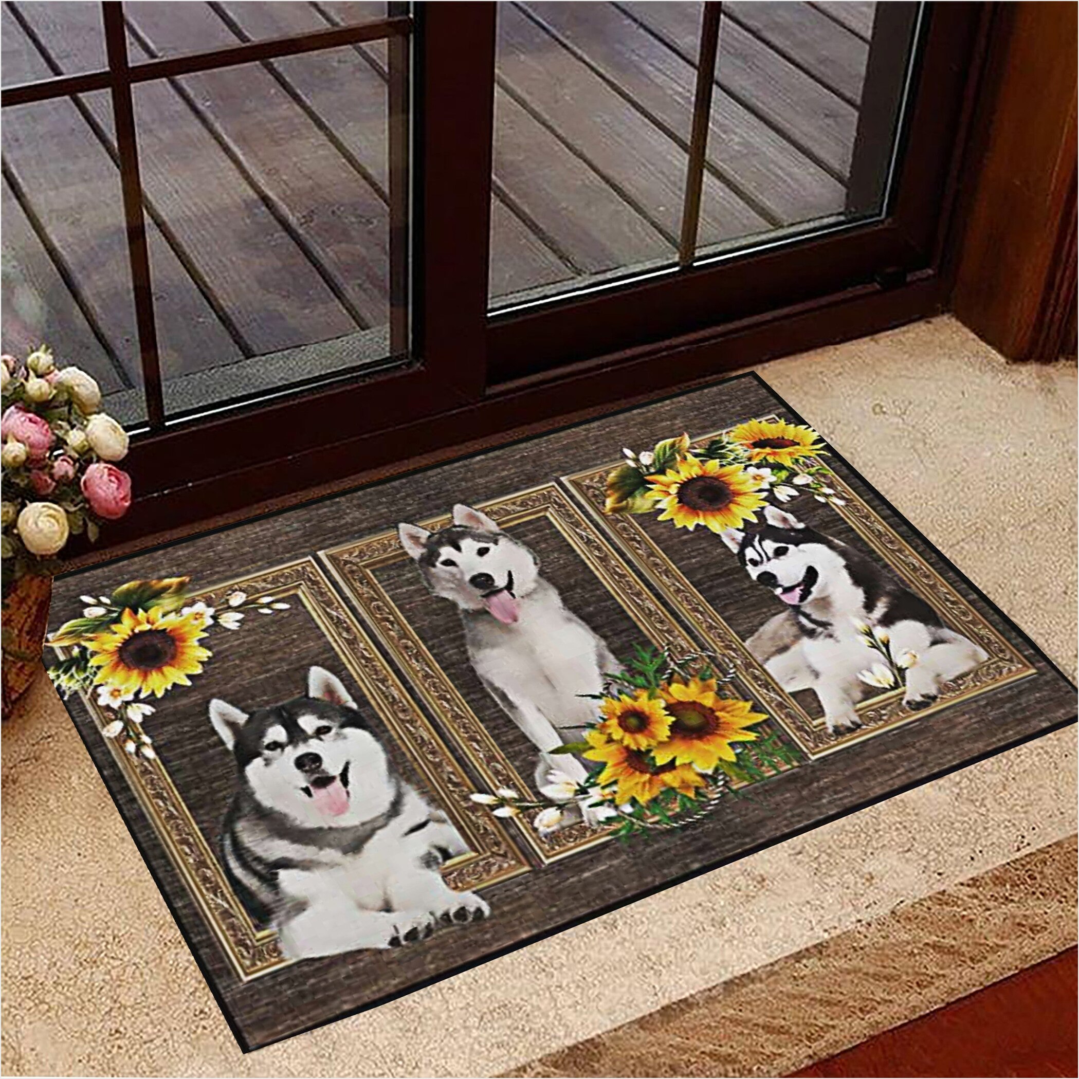 Husky Doormat Sunflower Dog Welcome Mat Decorative Themed Gifts For Husky Lovers Gifts For BFF-1