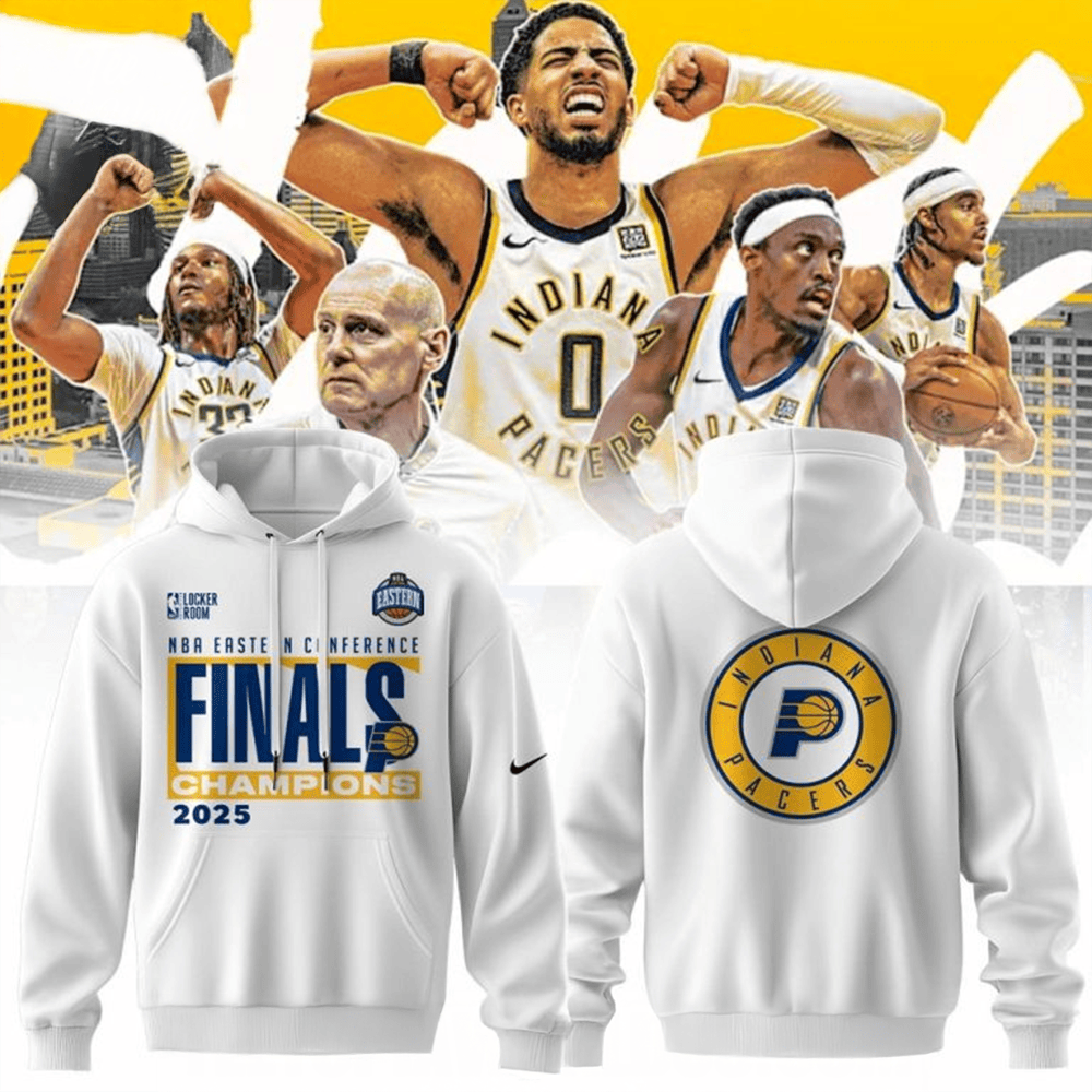 Indiana Pacers NBA Eastern Conference Finals Champions 2025 White Hoodie Indiana Pacers Merch-1