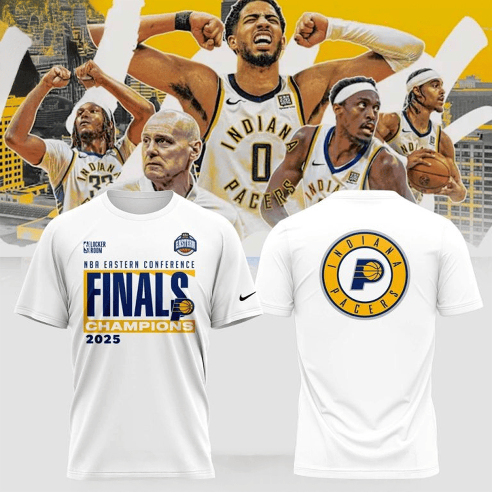 Indiana Pacers NBA Eastern Conference Finals Champions 2025 White T-Shirt Indiana Pacers Merch-1 Indiana Pacers NBA Eastern Conference Finals Champions 2025 White T-Shirt Indiana Pacers Merch-1
