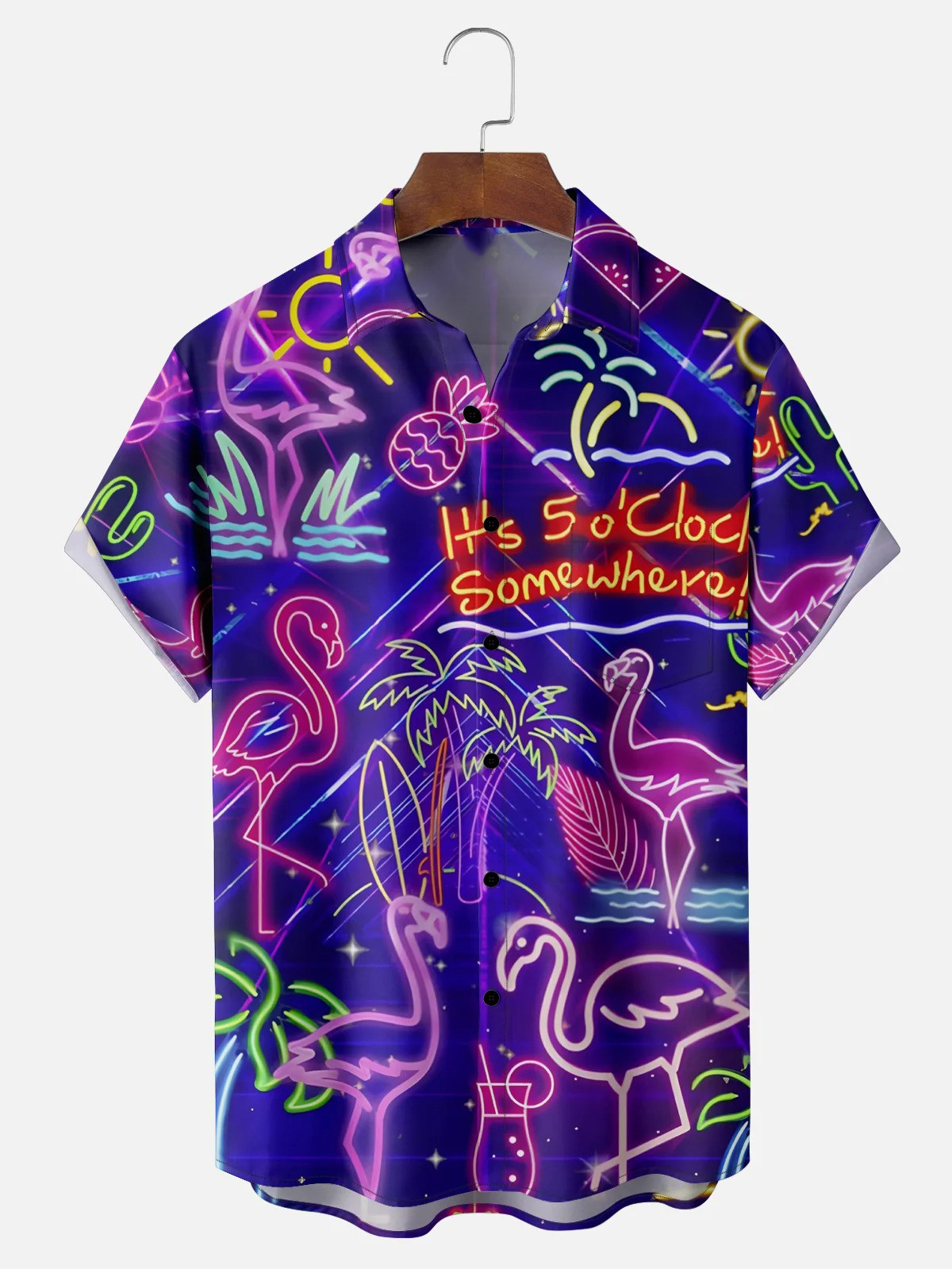 It's 5 O'Clock Somewhere Flamingo Chest Pocket Hawaiian Shirt-1