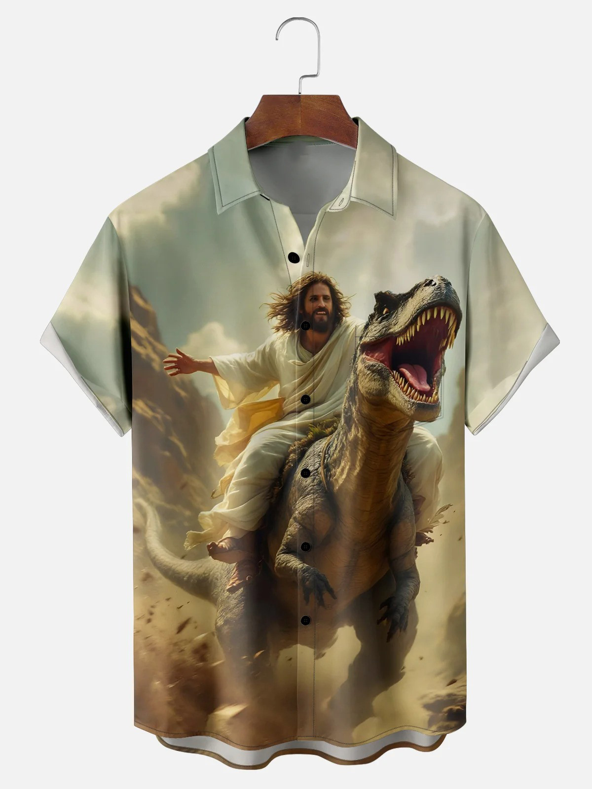 Jesus Dinosaur Rider Chest Pocket Casual Shirt-1