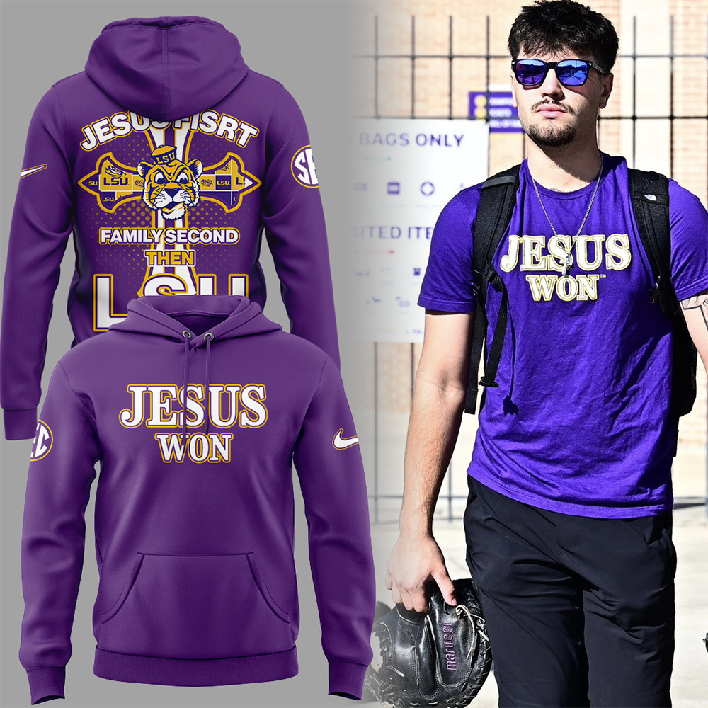 Jesus First Family Second Then LSU Tigers JESUS WON Purple Hoodie-1