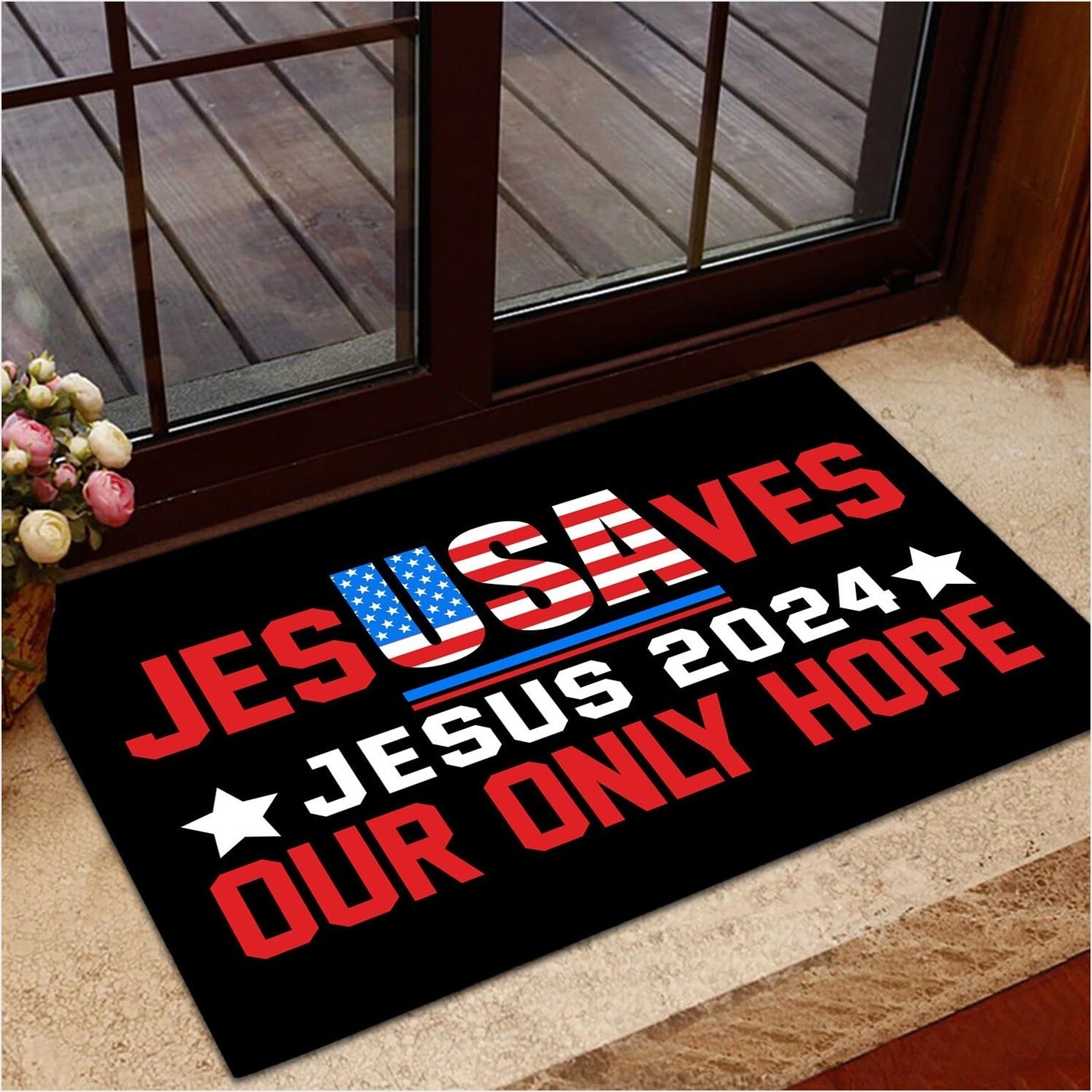 Jesus Saves 2024 Our Only Hope Doormat USA Patriotic Faith Christian Home Decor Gifts For Fans-1
