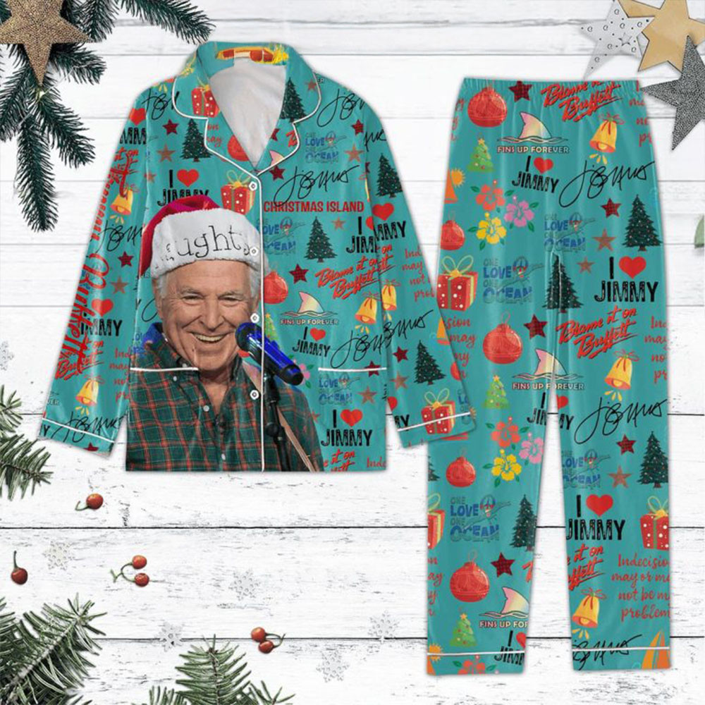 Jimmy Buffett Fins Up Forever Christmas Island 2024 Polyester Pajamas Set Gifts For Fans-1