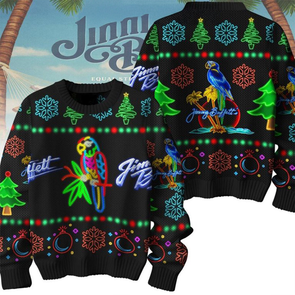 Jimmy Buffett Neon Lights Christmas Night Ugly Sweater Music Gifts For Fans-1